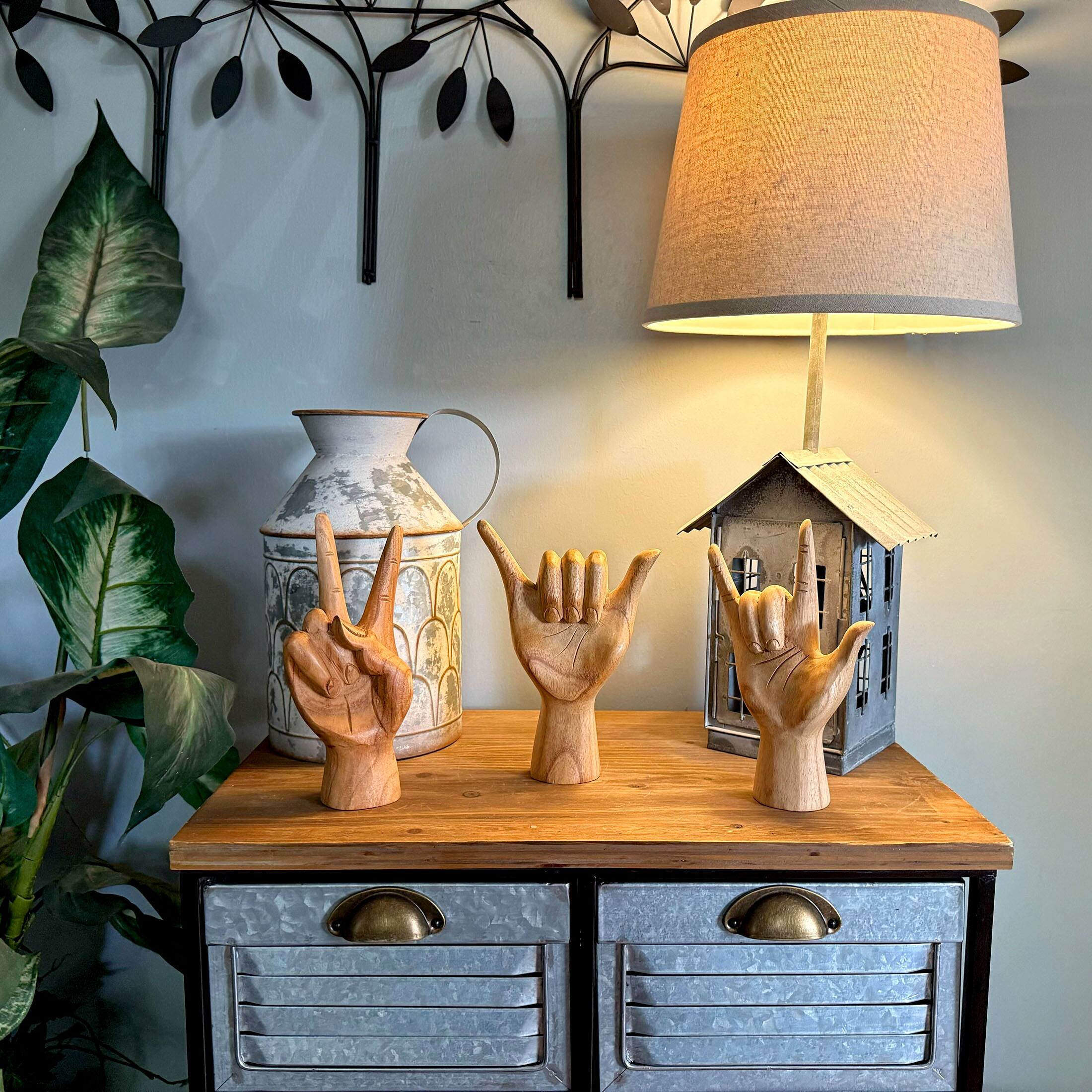 Alt View 3. Zeckos - Set of 3 Wooden Hand Sculptures – Peace, Love You, Hang Loose - Brown.