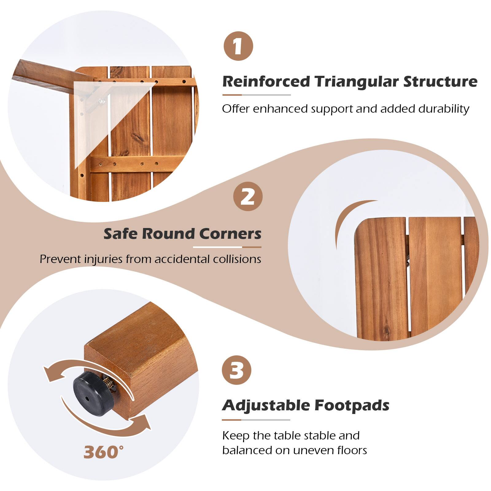1. Reinforced Triangular Structure: Offer enhanced support and added durability.
2. Safe Round Corners: Prevent injuries from accidental collisions.
3. Adjustable Footpads: 360-degree support to keep the table stable and balanced on uneven floors.