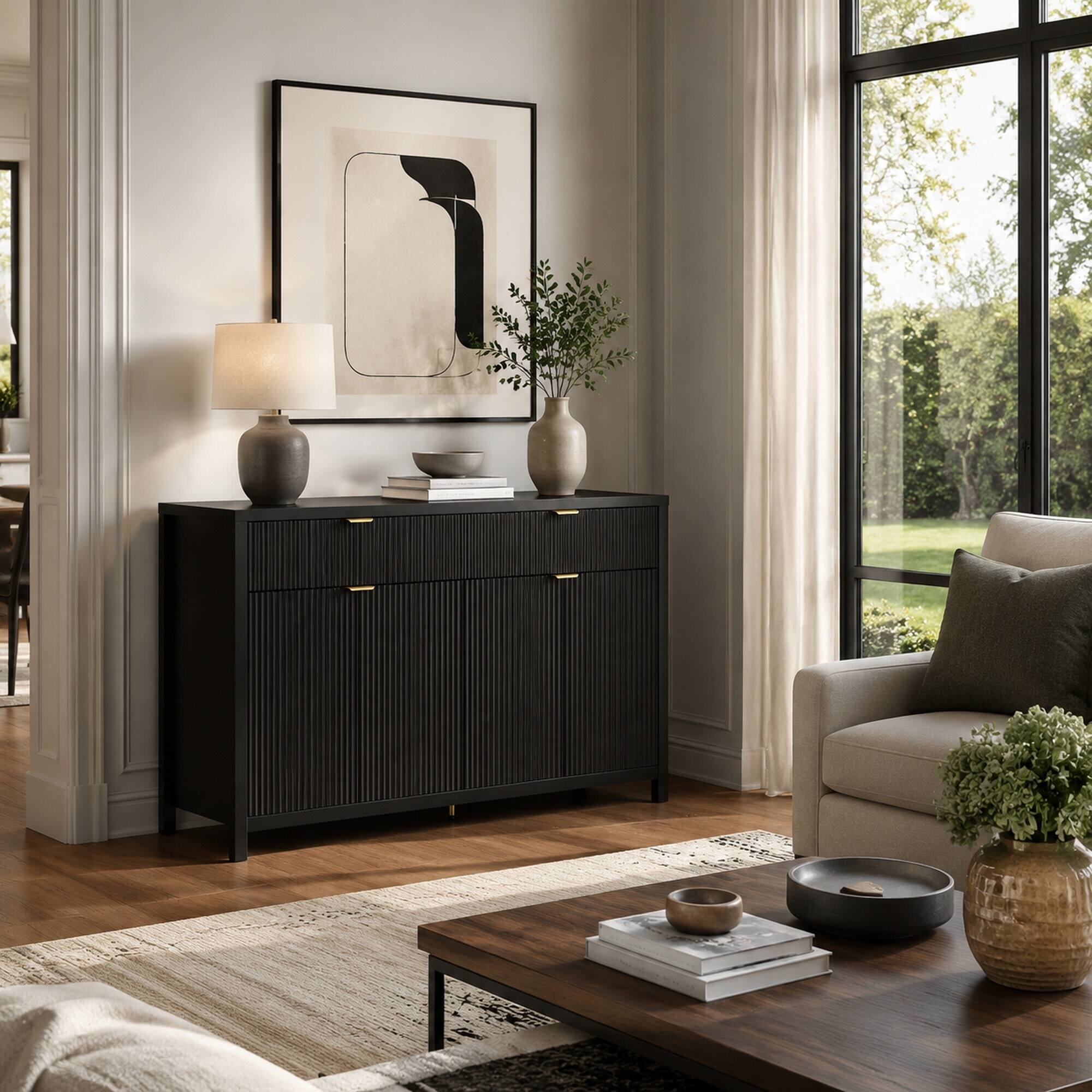 Back. RYHNUYNE - Freestanding 55.1 Inch Sideboard Buffet Cabinet with Adjustable Shelves, 2 Drawers and 4 Doors, Modern - Black.