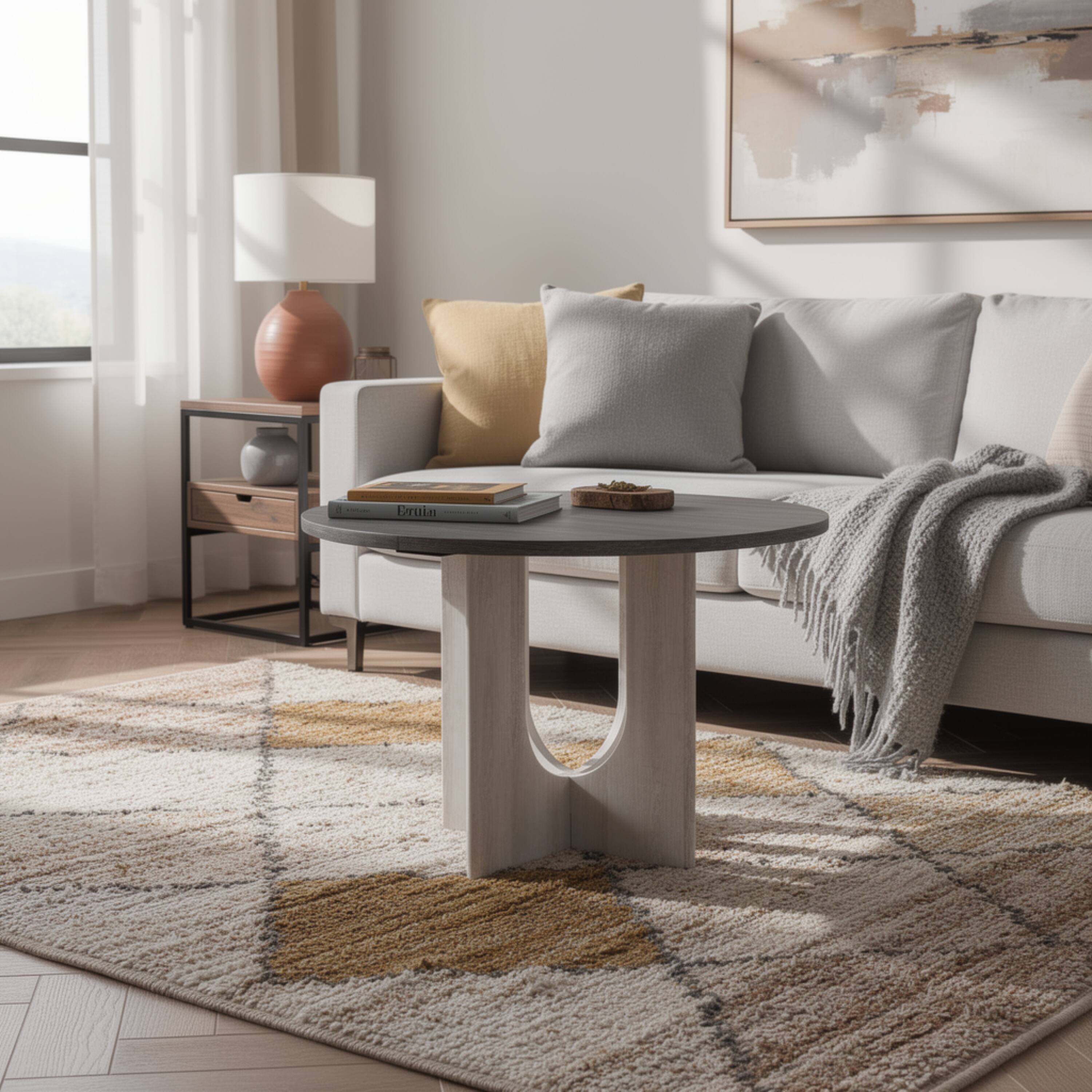 Alt View 4. Manhattan Lane - Kysa Dining Table, 47 Inch  Round Top, Cross U Pedestal Base - Gray, White.