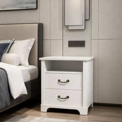 Front. Vaczon - Rustic White Nightstand Bedside Table with Open Shelf and 2 Drawers - White.