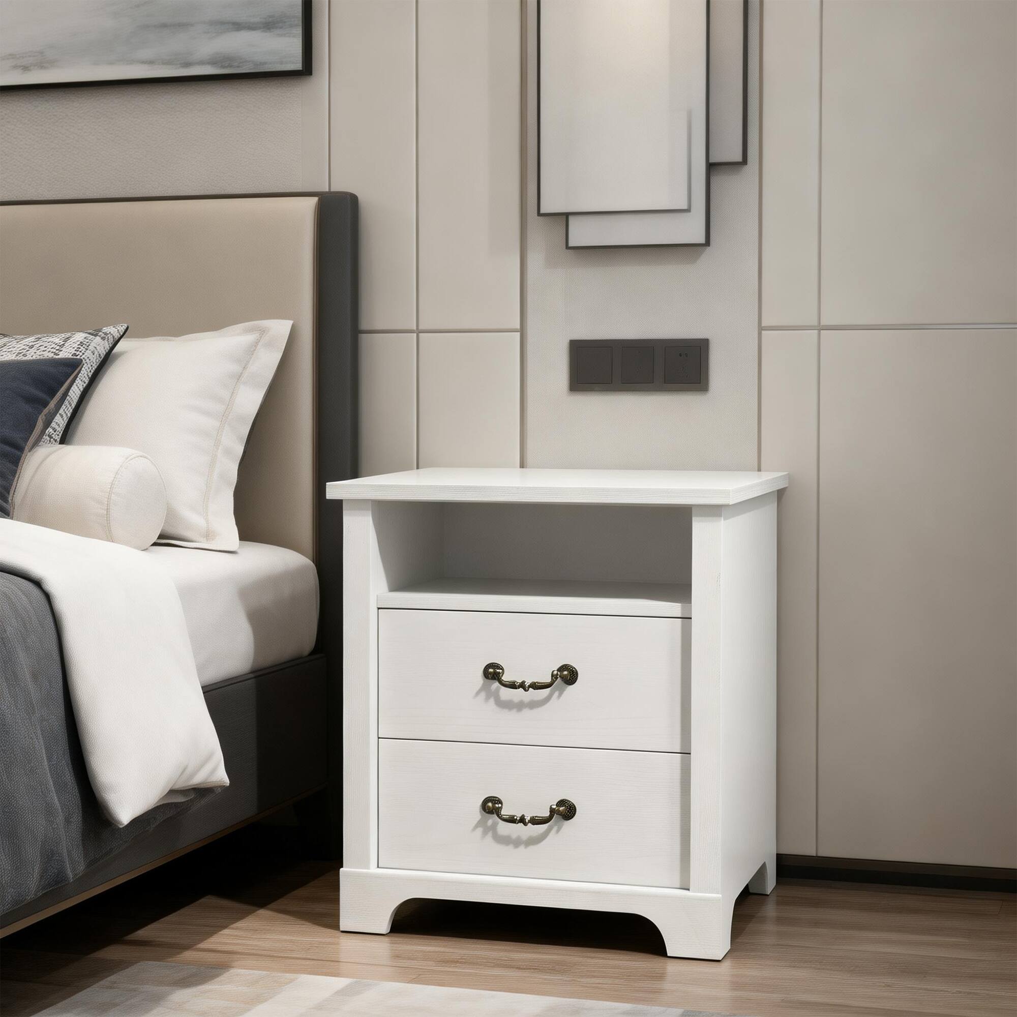 Front. Vaczon - Rustic White Nightstand Bedside Table with Open Shelf and 2 Drawers - White.