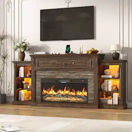 Espafurni - 85" Electric Fireplace TV Stand, Farmhouse Style w/ Charging Station & LED - Brown