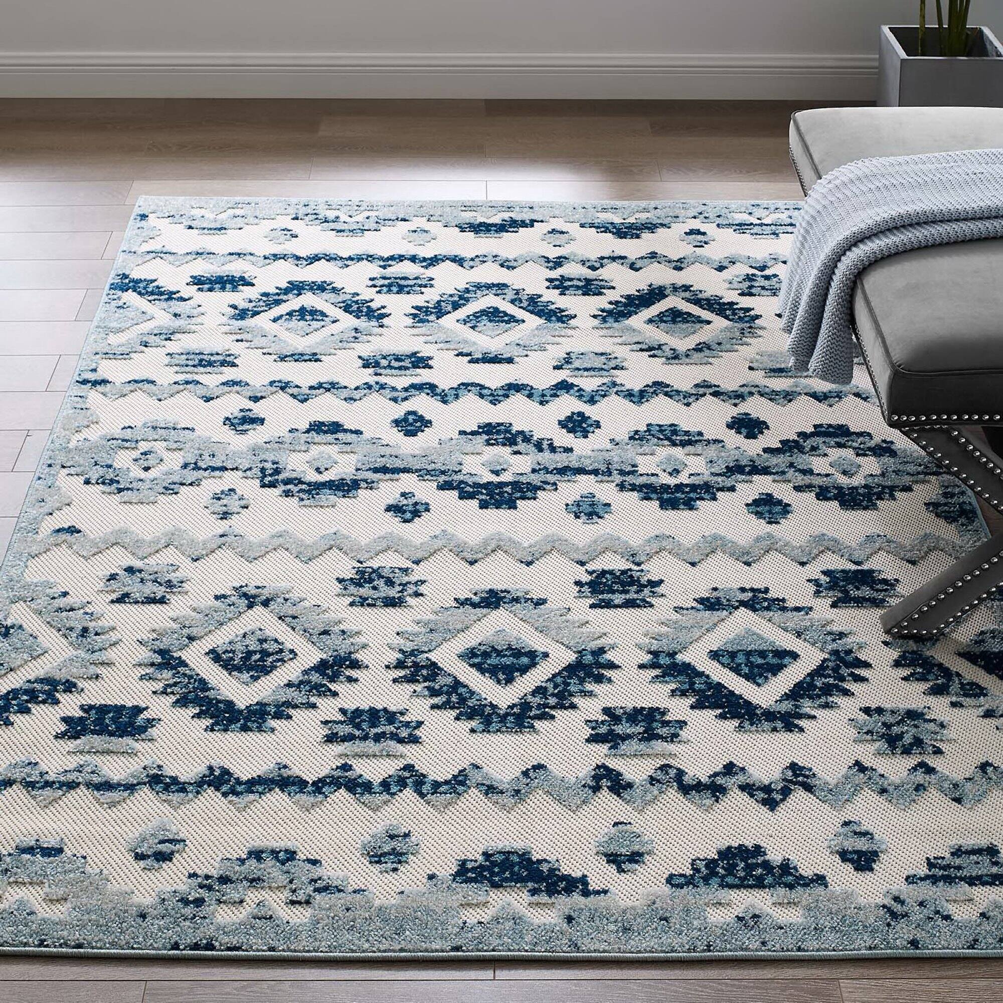 Back. Modway - Reflect Takara Abstract Diamond Moroccan Trellis Indoor and Outdoor Area Rug - Ivory and Blue.