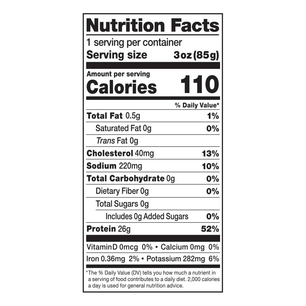 **Nutrition Facts**

1 serving per container  
Serving size 3 oz (85g)

**Amount per serving**

- **Calories** 110  
  % Daily Value*

- **Total Fat** 0.5g 1%  
  - Saturated Fat 0g 0%  
  - Trans Fat 0g

- **Cholesterol** 40mg 13%

- **Sodium** 220mg 10%

- **Total Carbohydrate** 0g 0%  
  - Dietary Fiber 0g 0%  
  - Total Sugars 0g  
    - Includes 0g Added Sugars 0%

- **Protein** 26g 52%

- **Vitamin D** 0mcg 0%  
- **Calcium** 0mg 0%  
- **Iron** 0.36mg 2%  
- **Potassium** 282mg 6%

*The % Daily Value (DV) tells you how much a nutrient in a serving of food contributes to a daily diet. 2,000 calories a day is used for general nutrition advice.