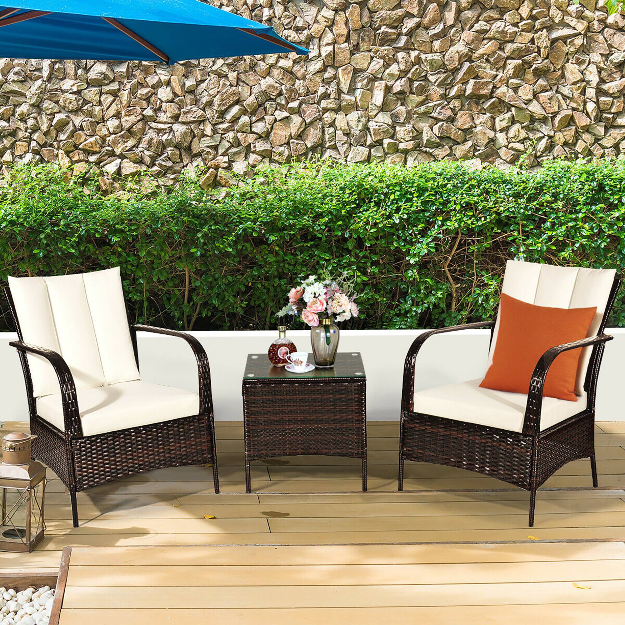 Alt View 3. Costway - 3 PCS Patio Wicker Rattan Furniture Set Coffee Table & 2 Rattan Chair W/Cushions - White.