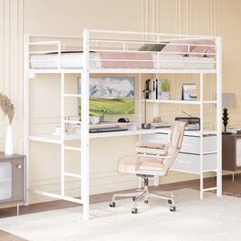 Winado - Twin Loft Bed with L-Shaped Desk, Charging Station 4 Storage Drawers & 2 Shelves Smart RGB LED Lights 400 lbs Capacity - White