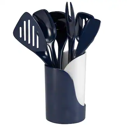 Front. Hutzler - 7-Piece Mini Melamine Cooking Utensils and Storage Crock Set (Blue) - Blue.