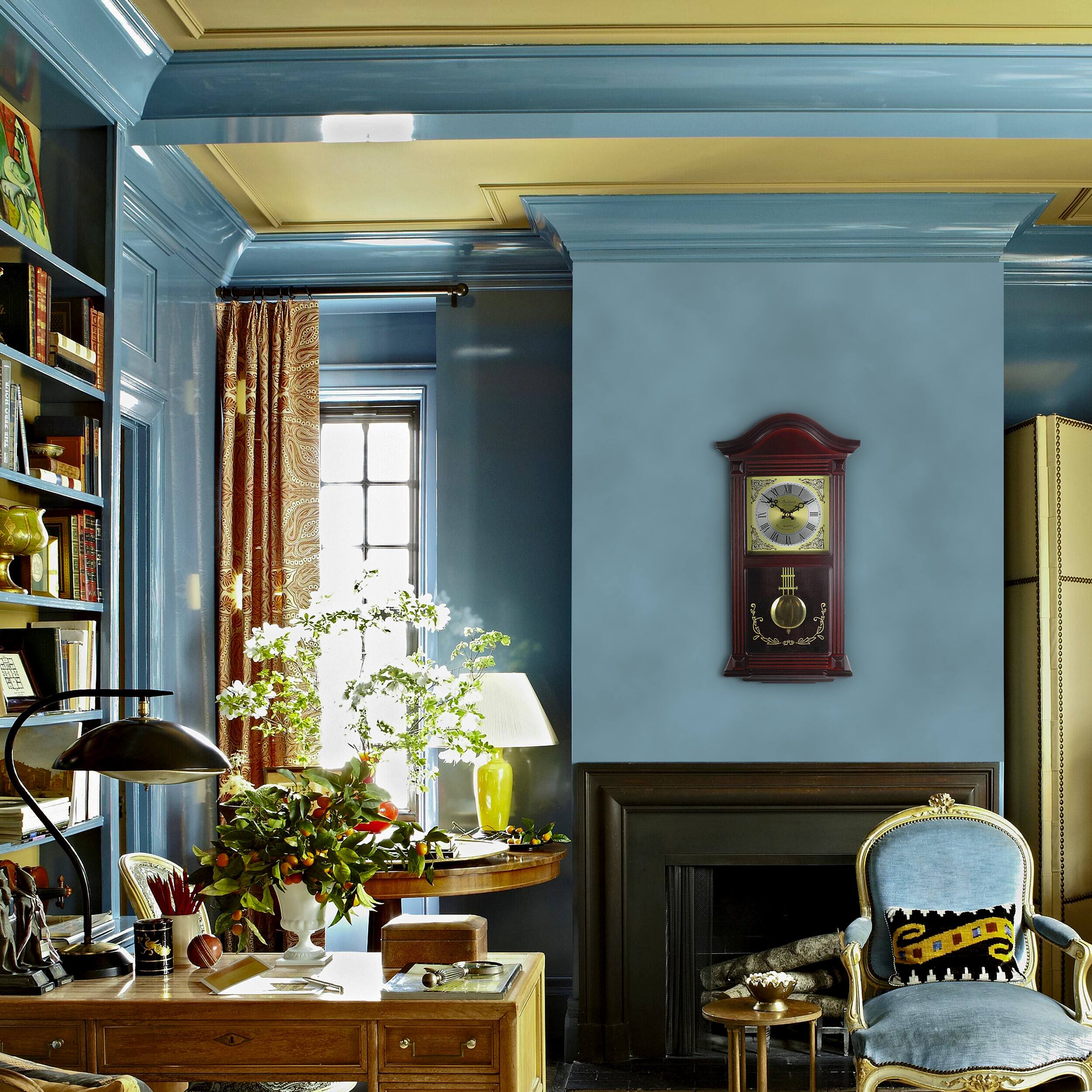 Alt View 2. Bedford Clock Collection - Bedford Clock Collection 22 Inch Wall Clock in Mahogany Cherry Oak Wood with Brass Pendulum and 4 Chimes - Mahogany Cherry Oak.