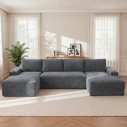 Front. Anysun - Compressible U-Shaped Sectional Sofa Set – Minimalist Style Modular Sofa, Corduroy Fabric Cloud Couch for Living Room - Grey.