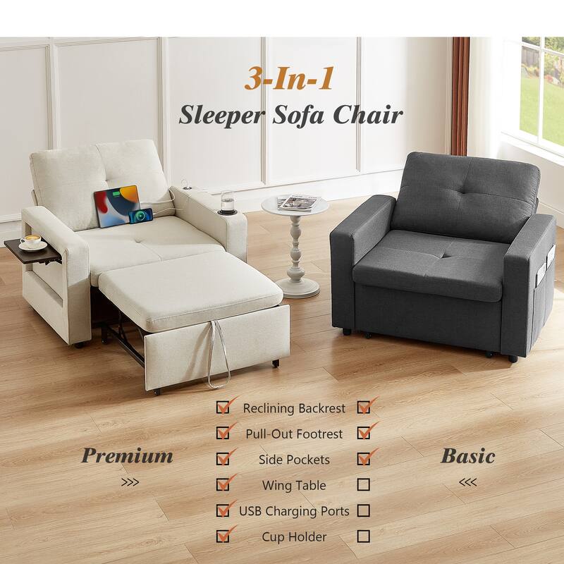 3-In-1 Sleeper Sofa Chair

Features:
- Reclining Backrest
- Pull-Out Footrest
- Side Pockets
- Wing Table
- USB Charging Ports
- Cup Holder

Premium Model
Basic Model