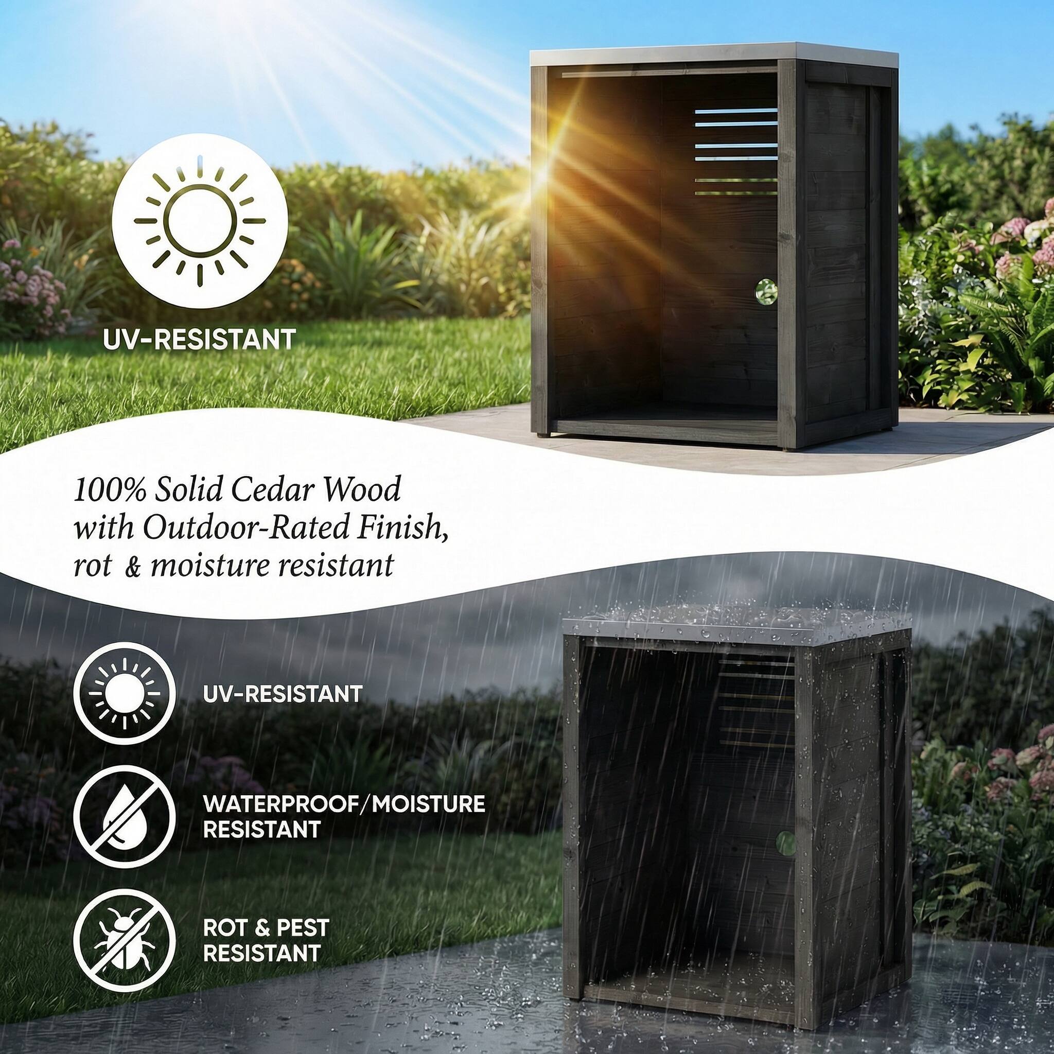 UV-RESISTANT  
100% Solid Cedar Wood with Outdoor-Rated Finish, rot & moisture resistant  

UV-RESISTANT  
WATERPROOF/MOISTURE RESISTANT  
ROT & PEST RESISTANT