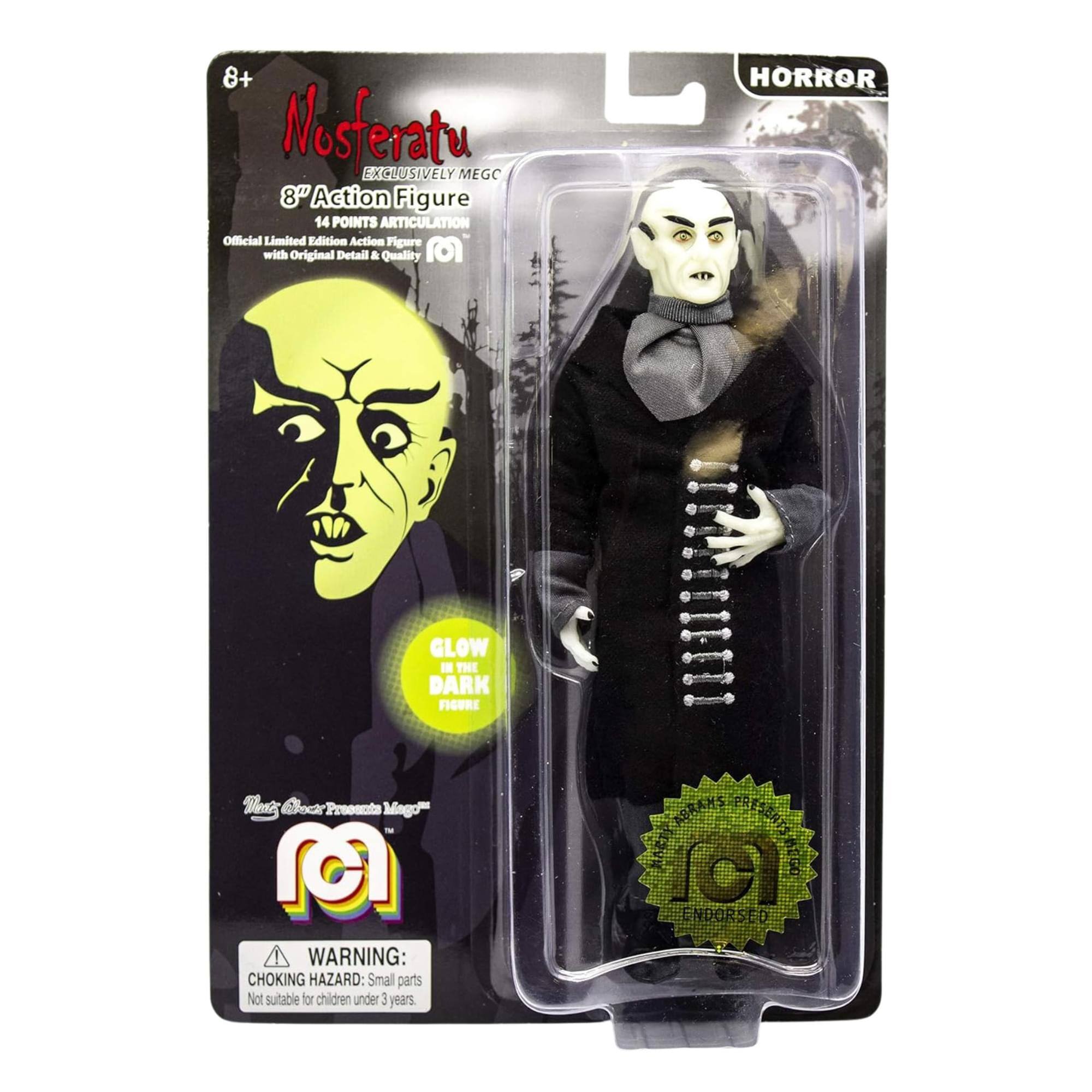 8+ Nosteratu  
EXCLUSIVELY MEGC  
8" Action Figure  
14 POINTS ARTICULATION  
Official Limited Edition Action Figure with Original Detail & Quality  

HORROR  
GLOW IN THE DARK  

WARNING: CHOKING HAZARD: Small parts Not suitable for children under 3 years  

ABRANS PRESENTS  
ENDORSED  

Nosteratu Exclusive Presents Mega™