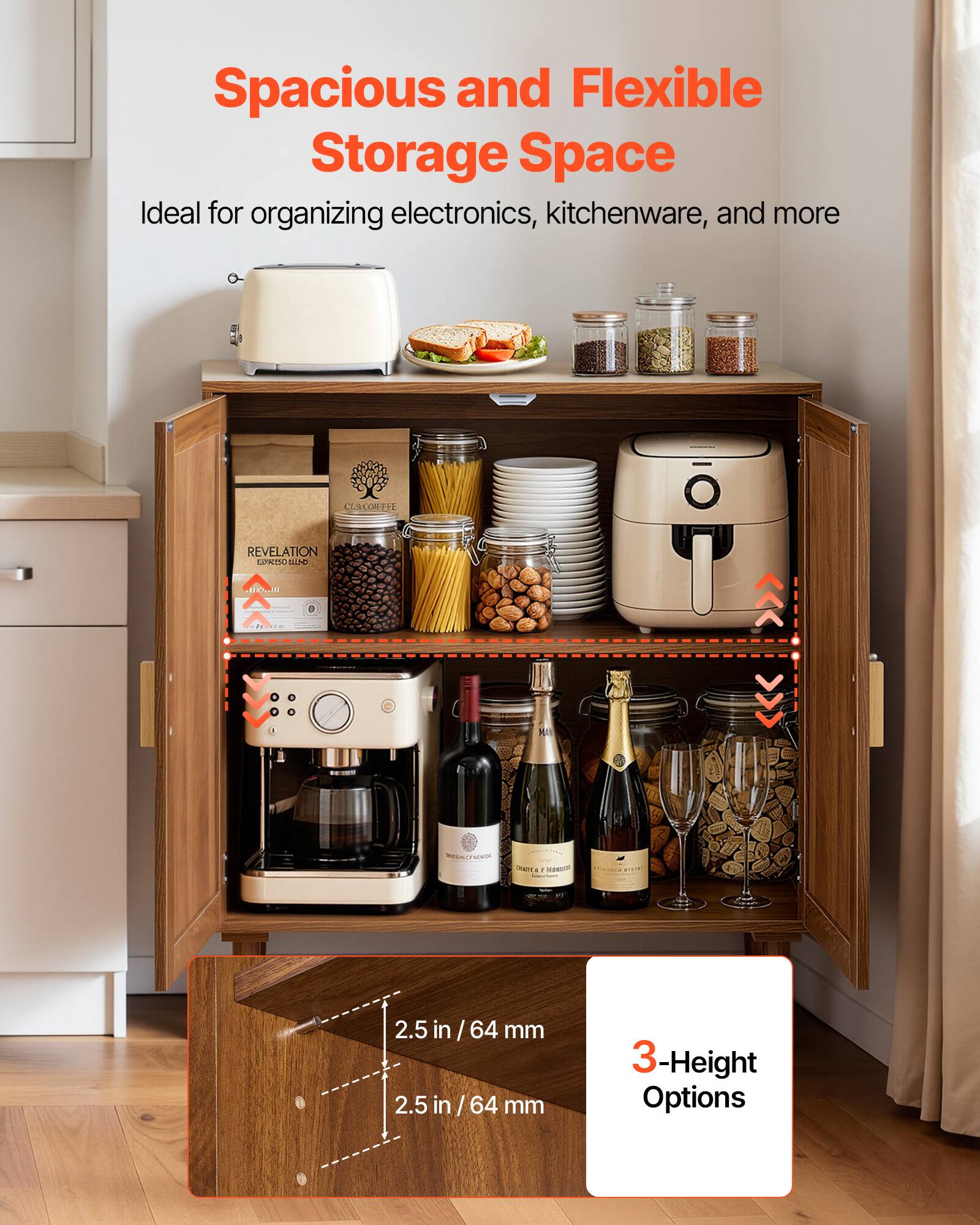 Spacious and Flexible Storage Space  
Ideal for organizing electronics, kitchenware, and more  

3-Height Options  
2.5 in / 64 mm  
2.5 in / 64 mm