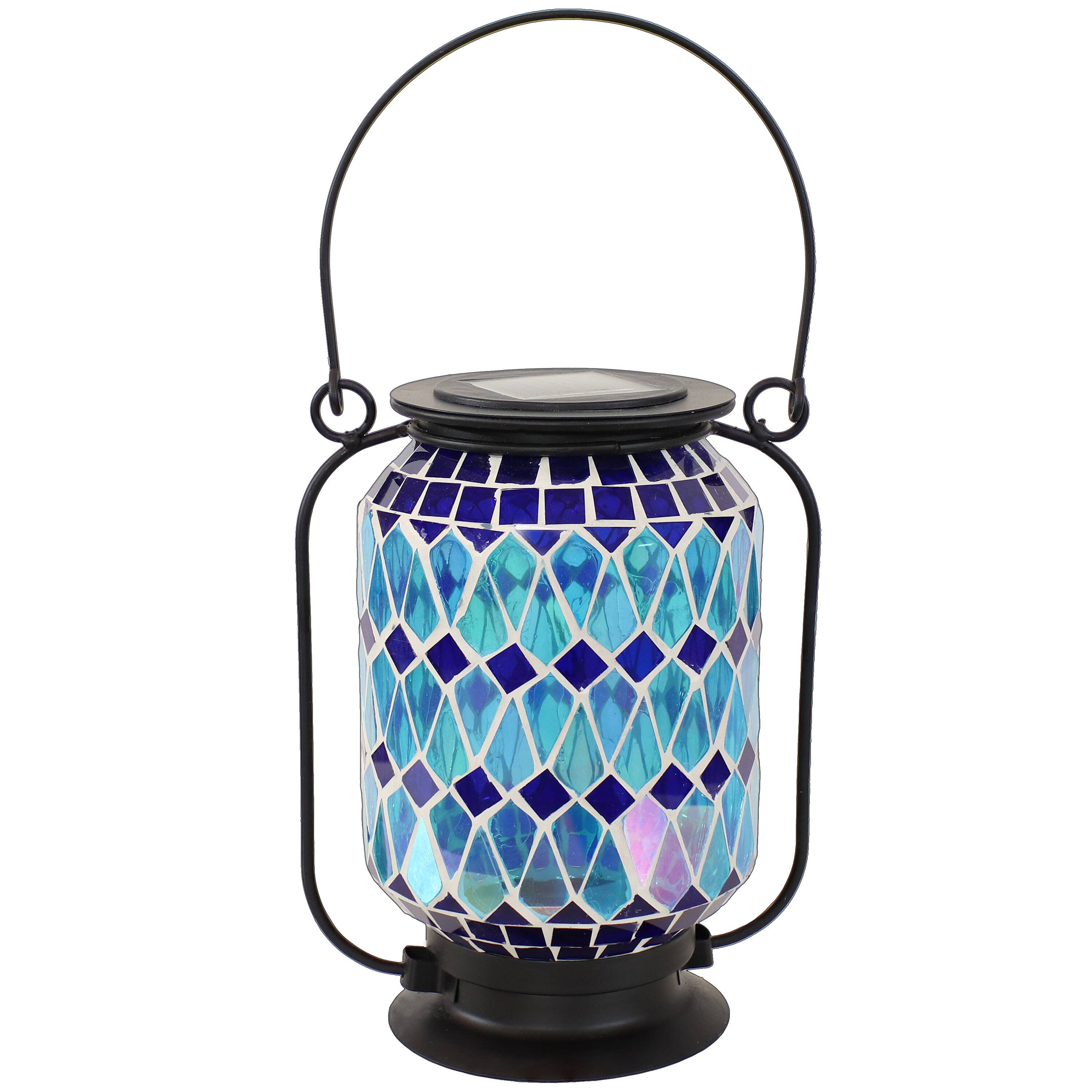 Sunnydaze - Glass Outdoor Solar LED Lantern - 8 in - Blue