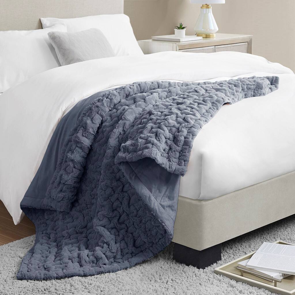 Alt View 2. Gracie Mills - Gracie Mills Ashlee Modern Solid Ruched Fur Throw Blanket - Slate Blue.