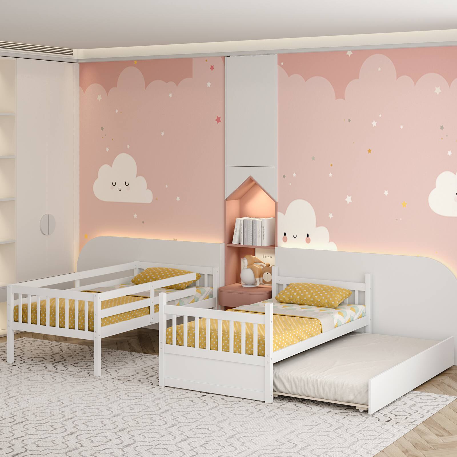 Alt View 7. Sugift - Twin Over Twin Bunk Bed with Pull-out Trundle and Ladder - White.