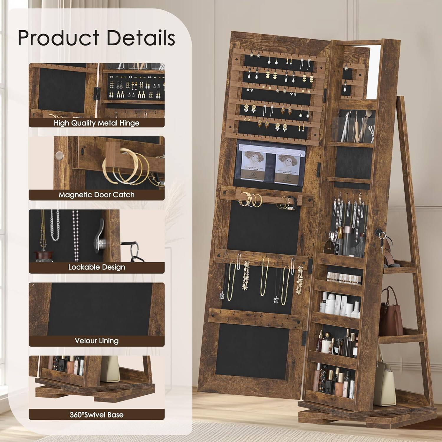 Product Details  
- High Quality Metal Hinge  
- Magnetic Door Catch  
- Lockable Design  
- Velour Lining  
- 360° Swivel Base