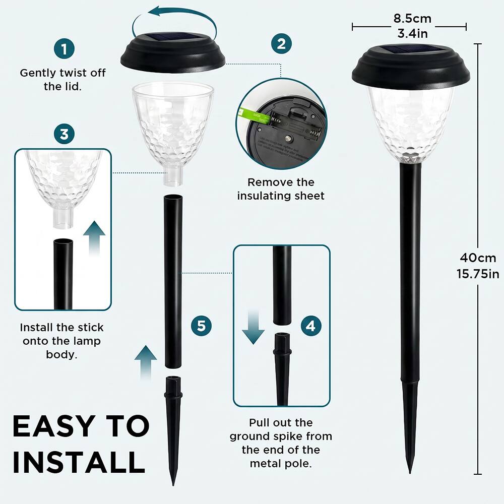 1. Gently twist off the lid.
2. Remove the insulating sheet.
3. Install the stick onto the lamp body.
4. Pull out the ground spike from the end of the metal pole.

8.5cm 3.4in
40cm 15.75in

EASY TO INSTALL
