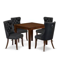 East West Furniture - 5 Piece Dining Room Furniture Set Contains a Square Solid Wood Table - Antique Walnut