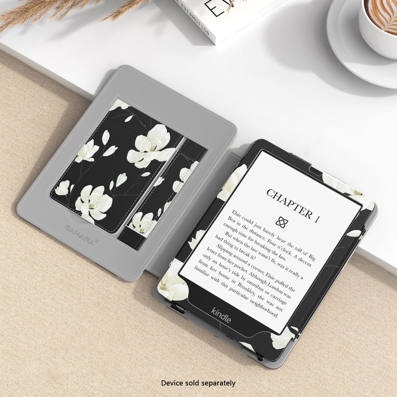 The image features a Kindle e-reader with a floral design on the cover, placed on a table. The e-reader is open to Chapter 1 of a book, and it is accompanied by a book that is also open to Chapter 1. The table also has a cup and a spoon on it. The text on the image reads "Device sold separately," indicating that the e-reader is not included with the book.