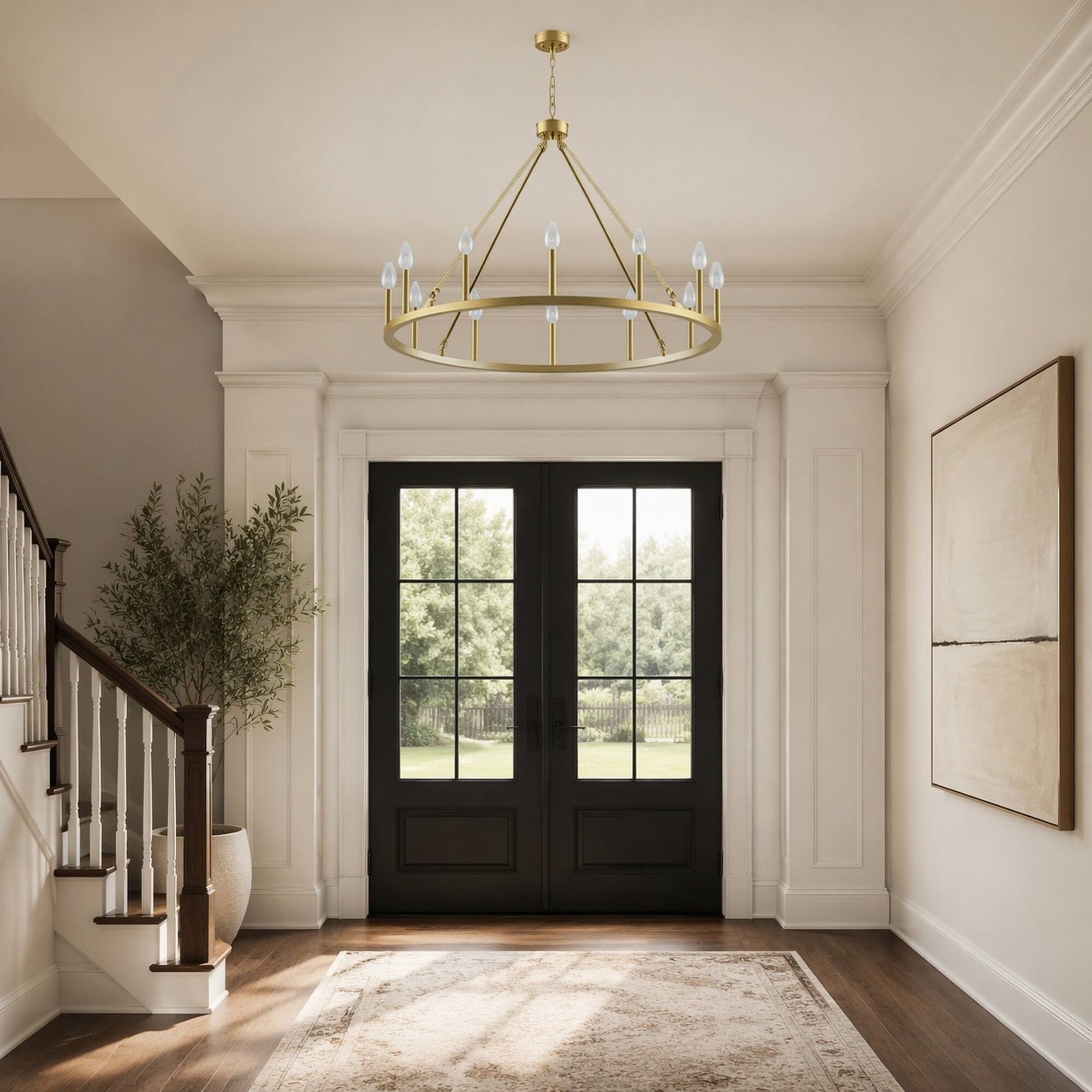 Back. RYHNUYNE - 39.3" Gold 16-Light XL Round Farmhouse Metal Wagon Wheel Chandelier for Dining Room Living Room Foyer Entryway - Gold.