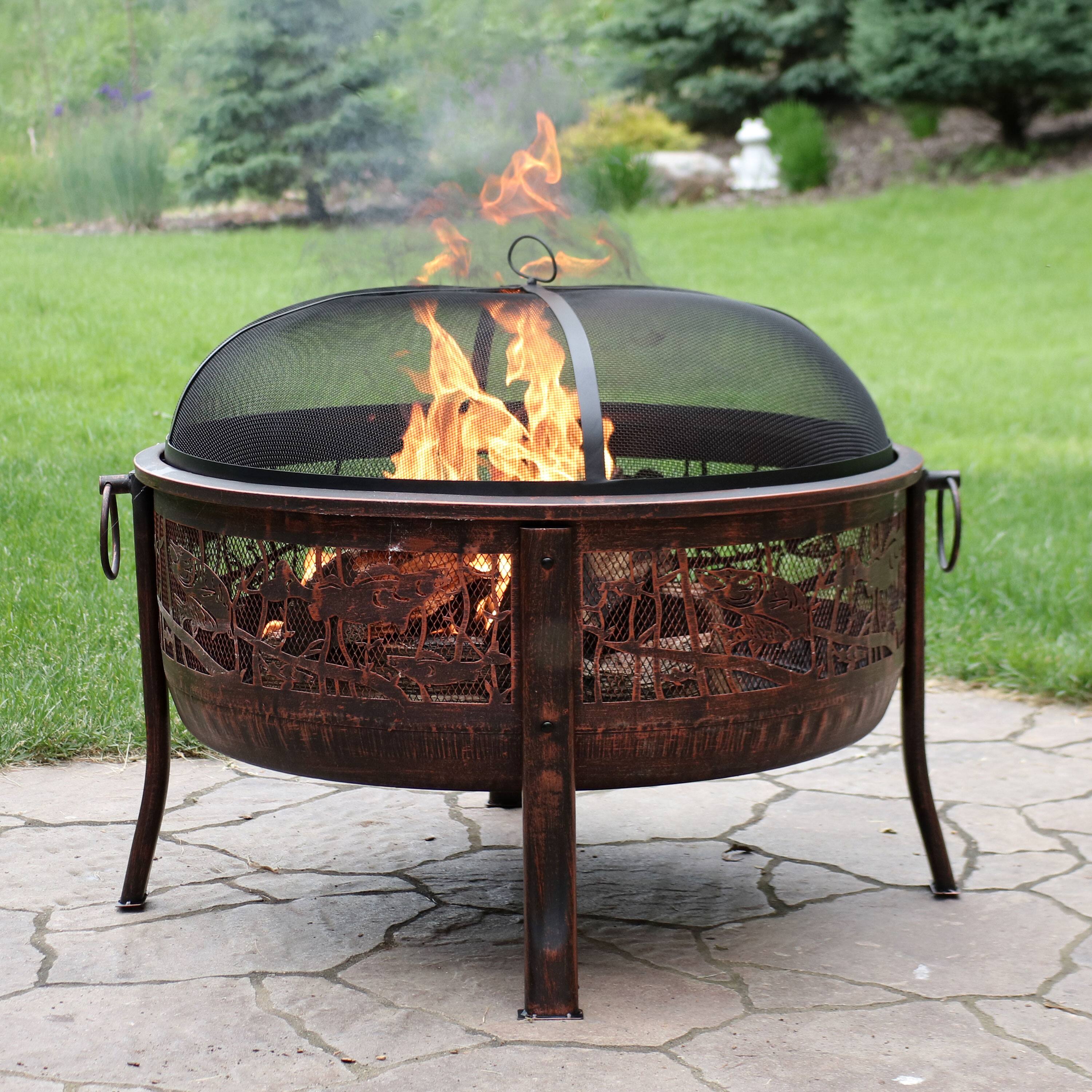 Alt View 1. Sunnydaze - 30 in Northwoods Fishing Steel Fire Pit with Spark Screen - Bronze.