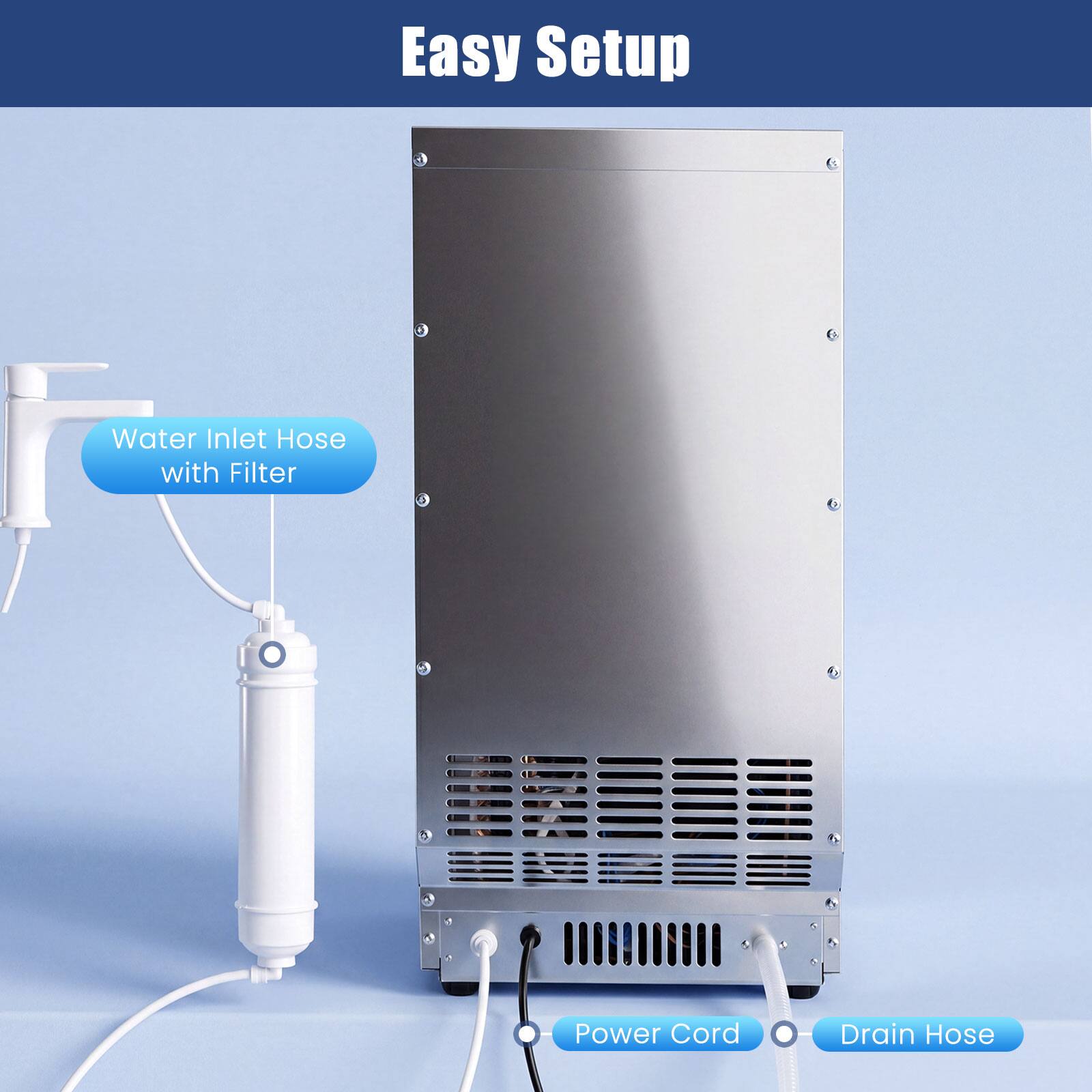 Easy Setup

- Water Inlet Hose with Filter
- Power Cord
- Drain Hose