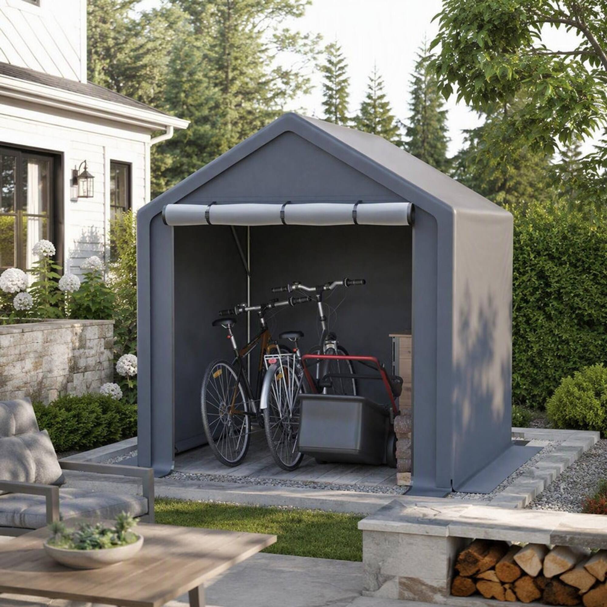 Back. RYHNUYNE - 6x6 ft Weatherproof Storage Tent Steel Frame UV Water Resistant Quick-Assembly - Grey.