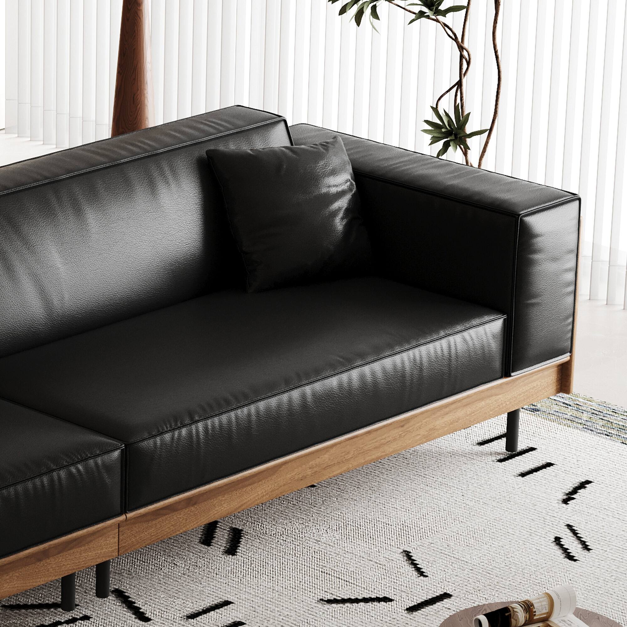 Alt View 1. luck idea - Modern Leather Sofa 106.3" Wide with Solid Wood Frame, Metal Legs and 3 Decorative Pillows - Black.