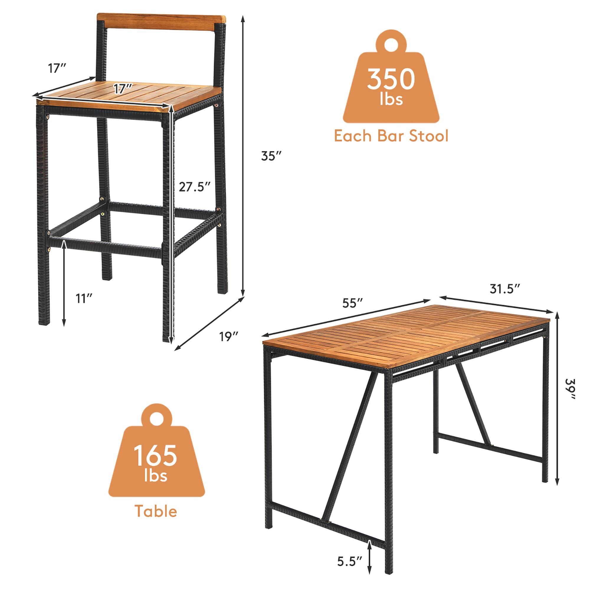 - Each Bar Stool: 350 lbs
- Table: 165 lbs

Bar Stool Dimensions:
- Seat: 17" x 17"
- Height: 35"
- Seat Height: 27.5"
- Seat Depth: 11"
- Leg Width: 19"

Table Dimensions:
- Top: 55" x 31.5"
- Height: 39"
- Leg Width: 5.5"