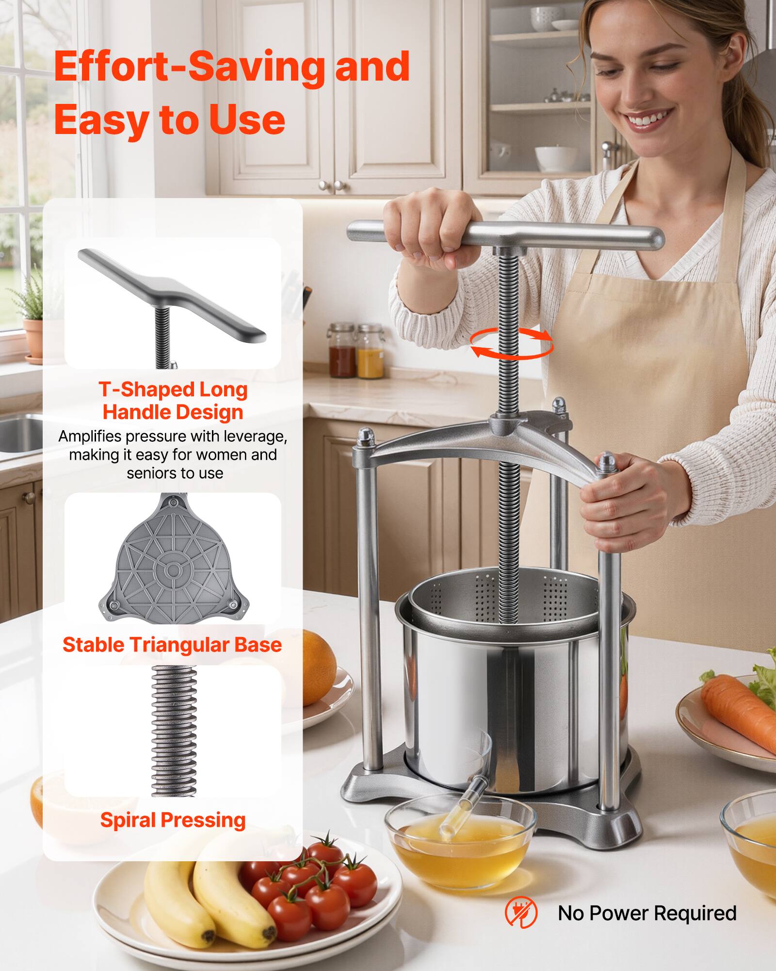 Effort-Saving and Easy to Use

T-Shaped Long Handle Design
Amplifies pressure with leverage, making it easy for women and seniors to use

Stable Triangular Base

Spiral Pressing

No Power Required