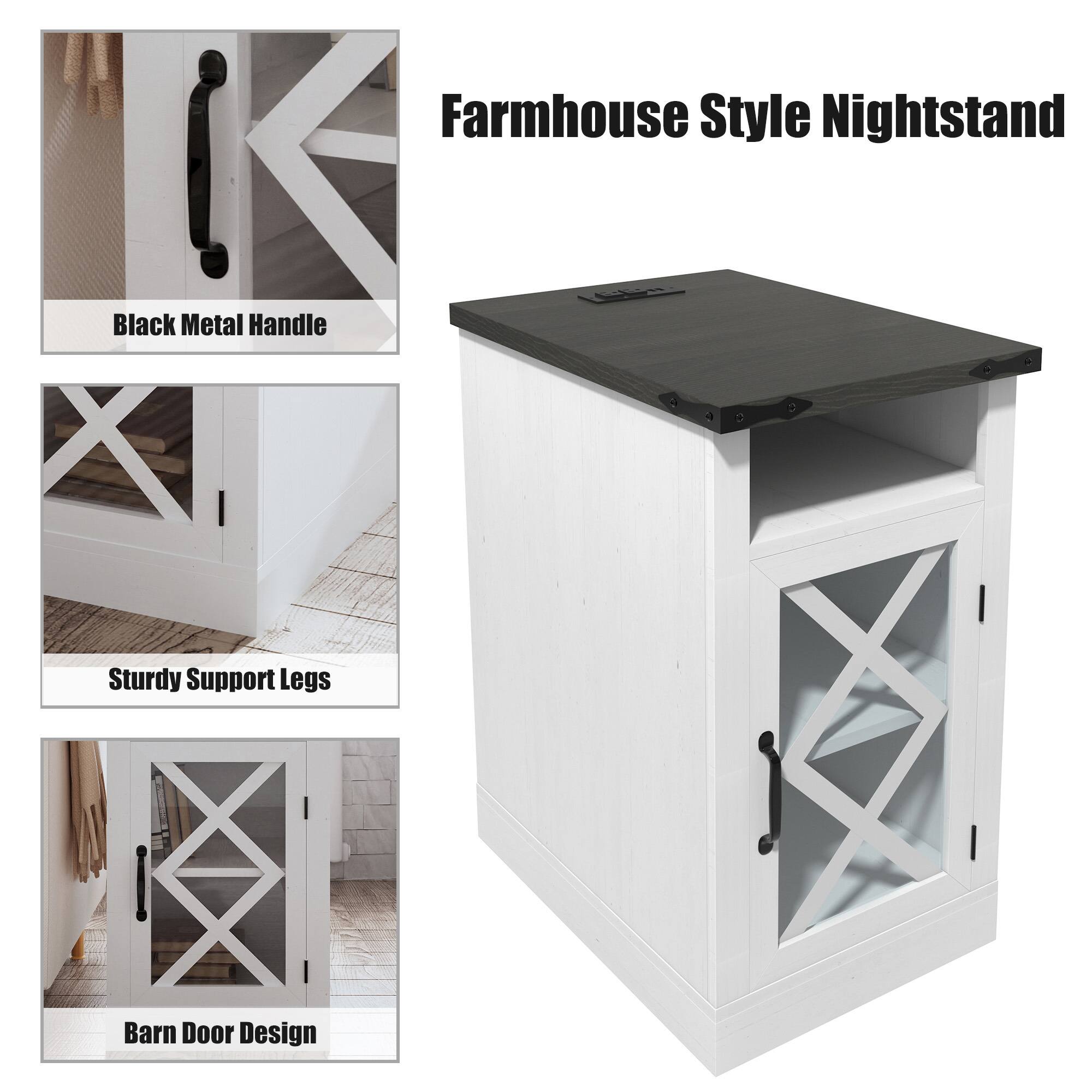 Farmhouse Style Nightstand

- Black Metal Handle
- Sturdy Support Legs
- Barn Door Design