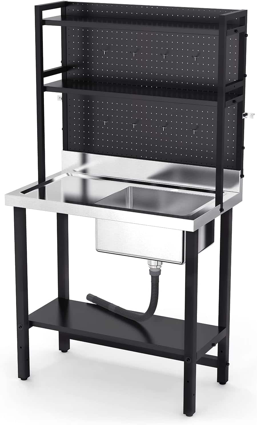 Winado - Commercial Stainless Steel Utility Sink with Drainboard and Adjustable Overshelves & Undershelf for Home Restaurant Prep - Silver & Black