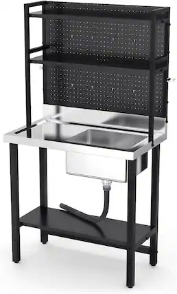 Front. Winado - Commercial Stainless Steel Utility Sink with Drainboard and Adjustable Overshelves & Undershelf for Home Restaurant Prep - Silver & Black.