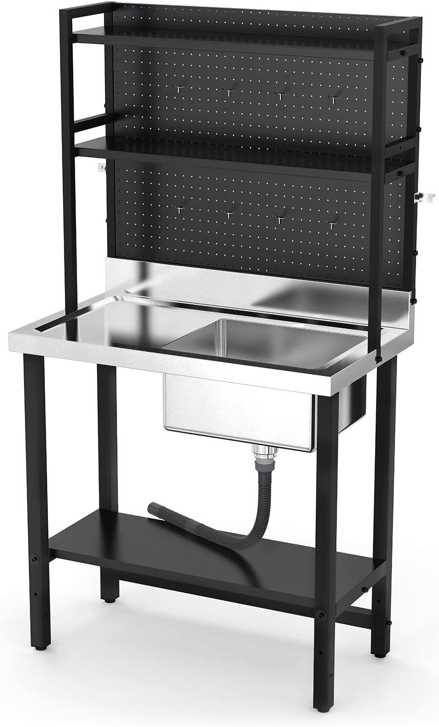 Front. Winado - Commercial Stainless Steel Utility Sink with Drainboard and Adjustable Overshelves & Undershelf for Home Restaurant Prep - Silver & Black.