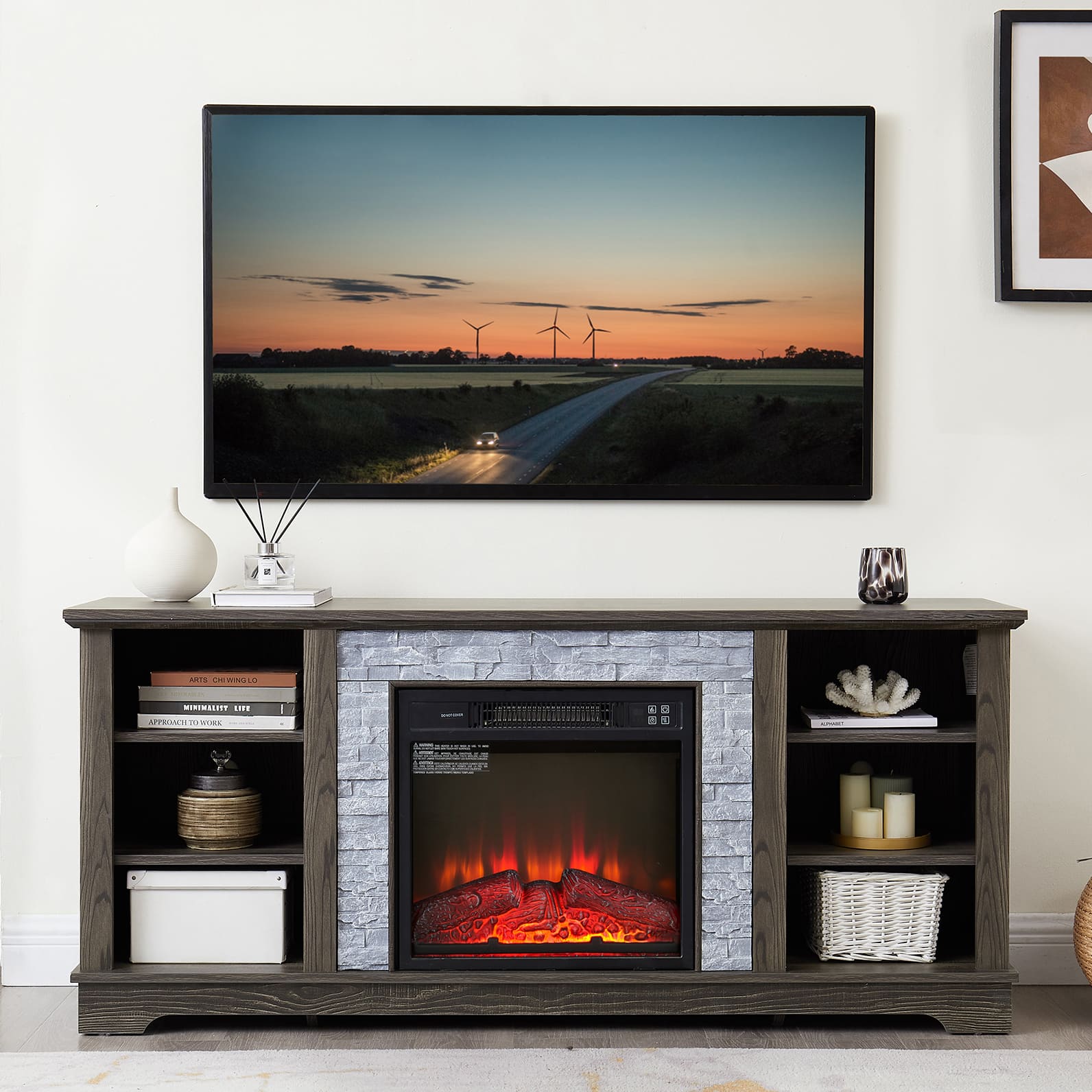 Chateau Abodes - 58" Mantel Electric Fireplace, Stone TV Stand with Faux Stacked Stone, Open Storage & 18" Fireplace Insert - Gray