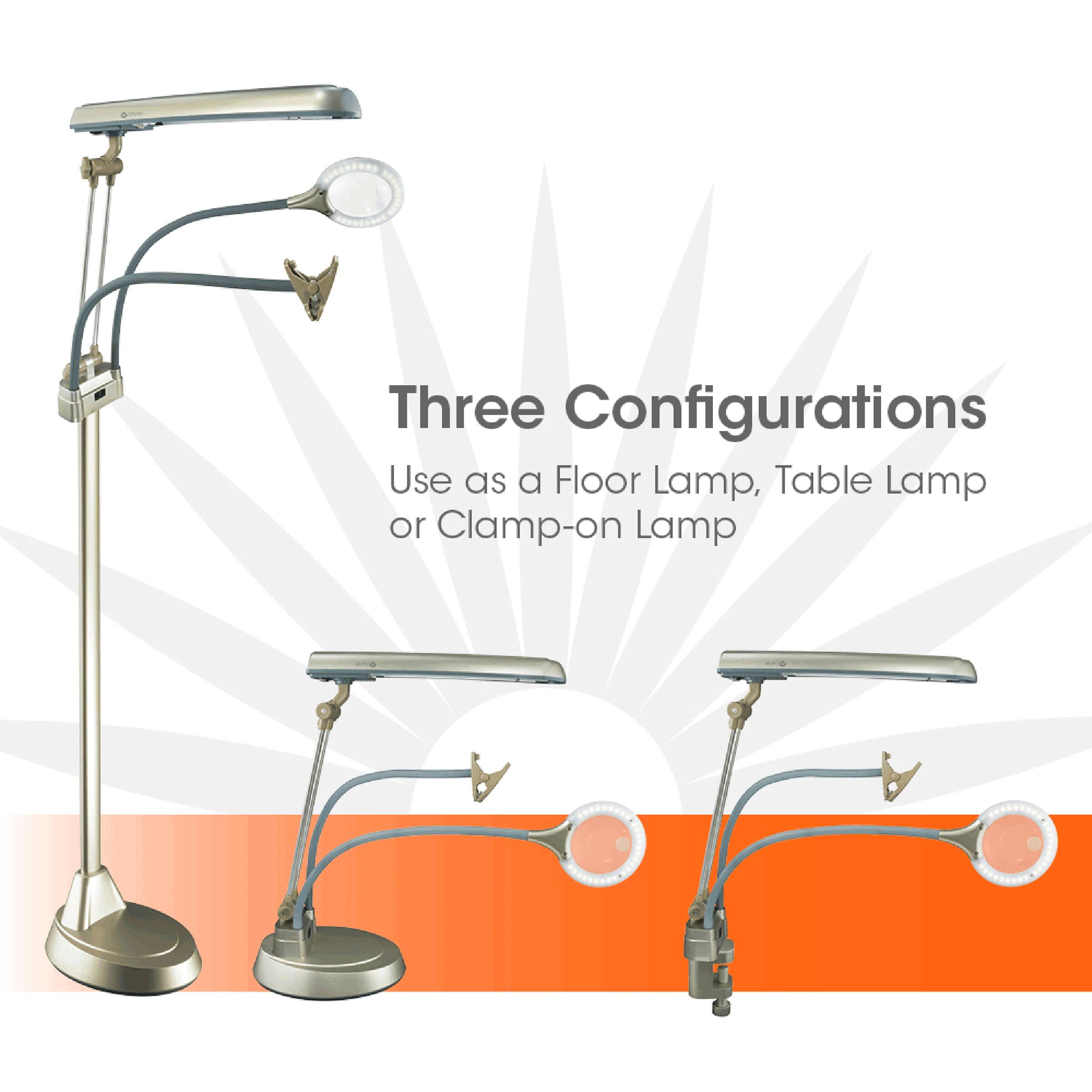 Three Configurations: Use as a Floor Lamp, Table Lamp or Clamp-on Lamp.