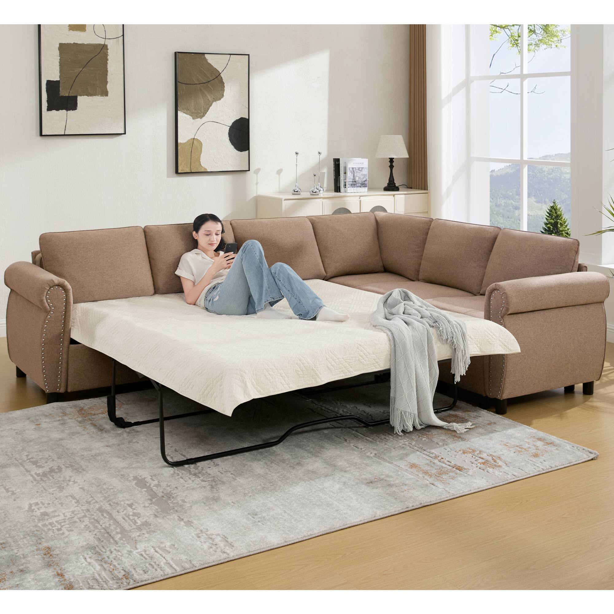 Front. Tiramisubest - 104-Inch Large L-Shaped 6-Seater Sectional Sofa Bed, Converts to Queen Sleeper with Removable Cushions - Brown.