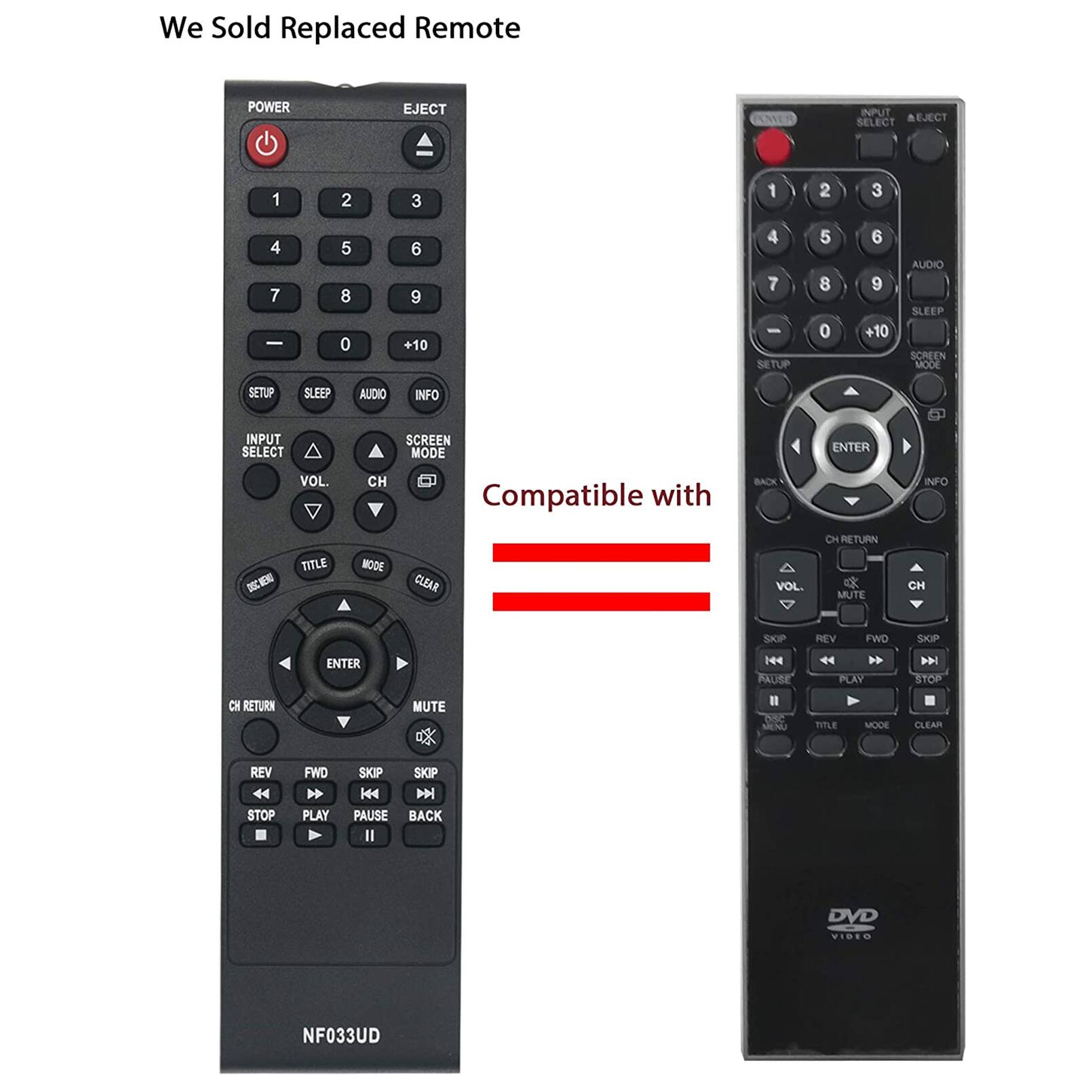 We Sold Replaced Remote

POWER EJECT INPUT EJECT SELECT 1 2 3 1 2 3 4 7 I 5 8 0 6 9 +10 4 7 - SETUP 5 8 0 6 9 +10 AUDIO SLEEP SCREEN MODE SETUP SLEEP AUDIO INFO INPUT SELECT SCREEN MODE ENTER VOL. CH Compatible with BACK NFO S TITLE MODE CLEAR VOL. CH RETURN MUTE CH SPOIP REV FWD SKIP ENTER 144 PALISE PLAY 144 STOP CH RETURN MUTE  MEU TITLE MODE CLEAR REV STOP FWD  PLAY SKIP 144 PAUSE Il SKIP  BACK DVD VIBIO NF033UD