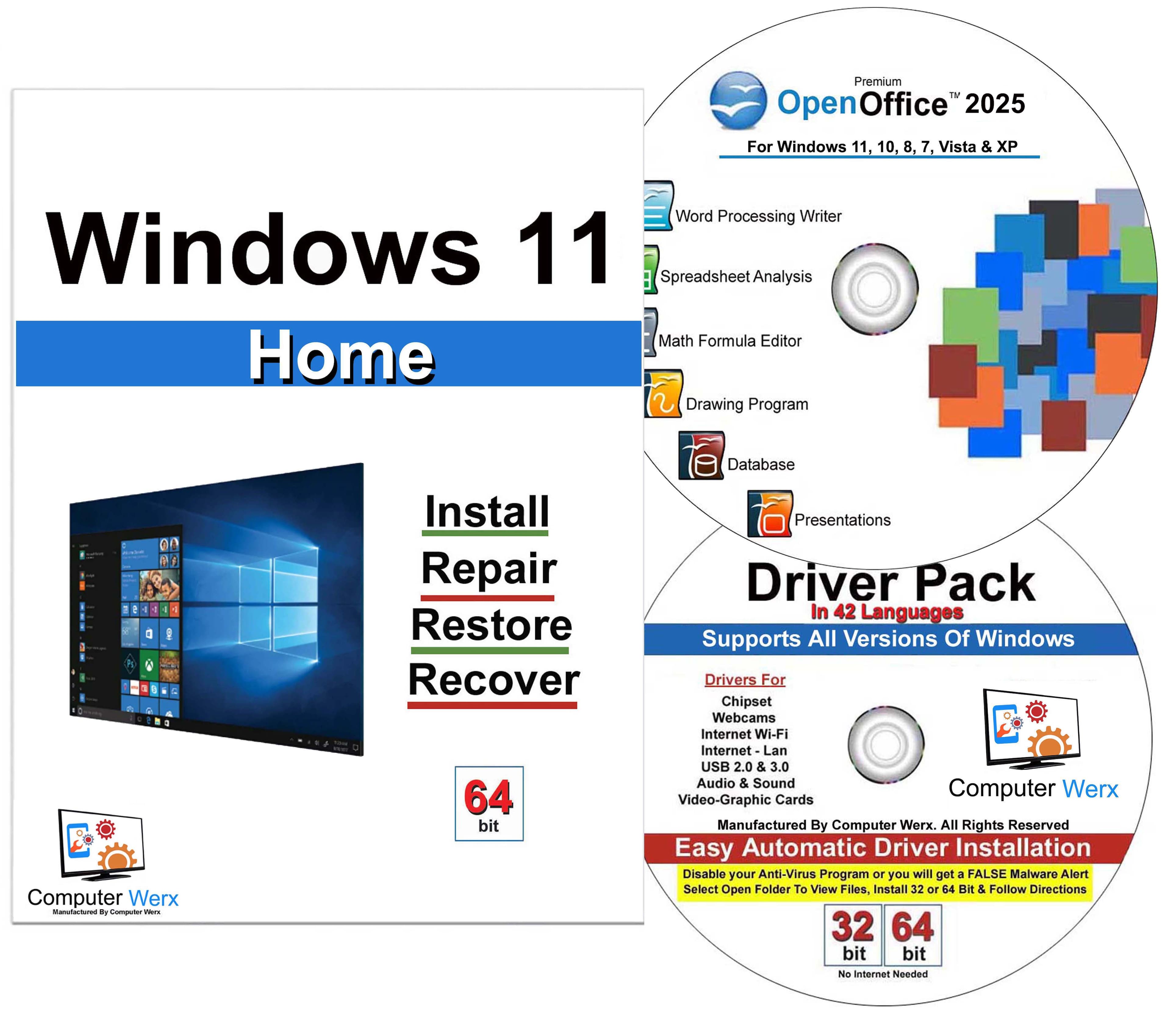 Computer Werx - Windows 11 Home 64 bit Repair Recover Restore Reinstall DVD with Key, Windows Drivers & Open Office 2025 - Windows