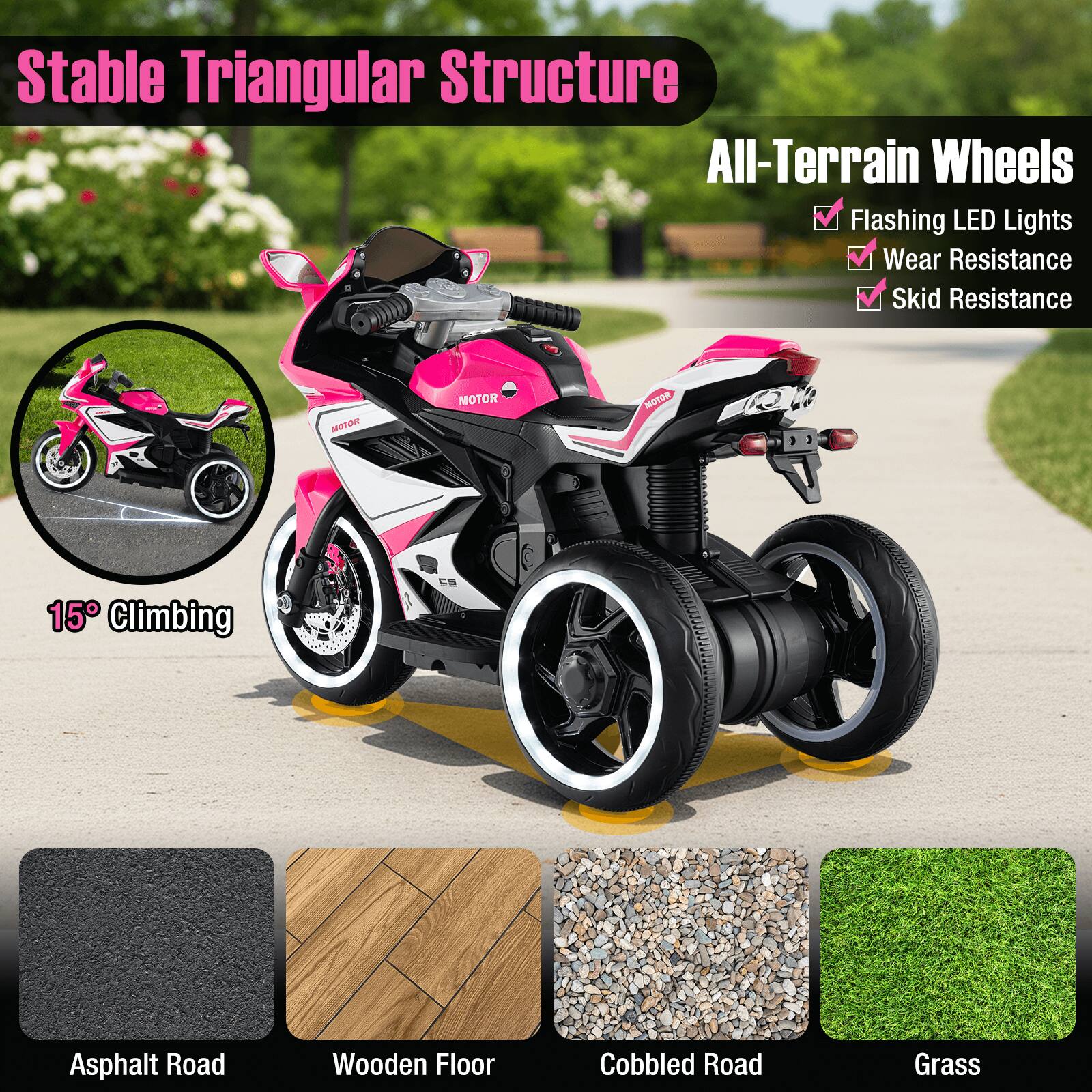 Stable Triangular Structure

All-Terrain Wheels
- Flashing LED Lights
- Wear Resistance
- Skid Resistance

15° Climbing

Asphalt Road
Wooden Floor
Cobbled Road
Grass