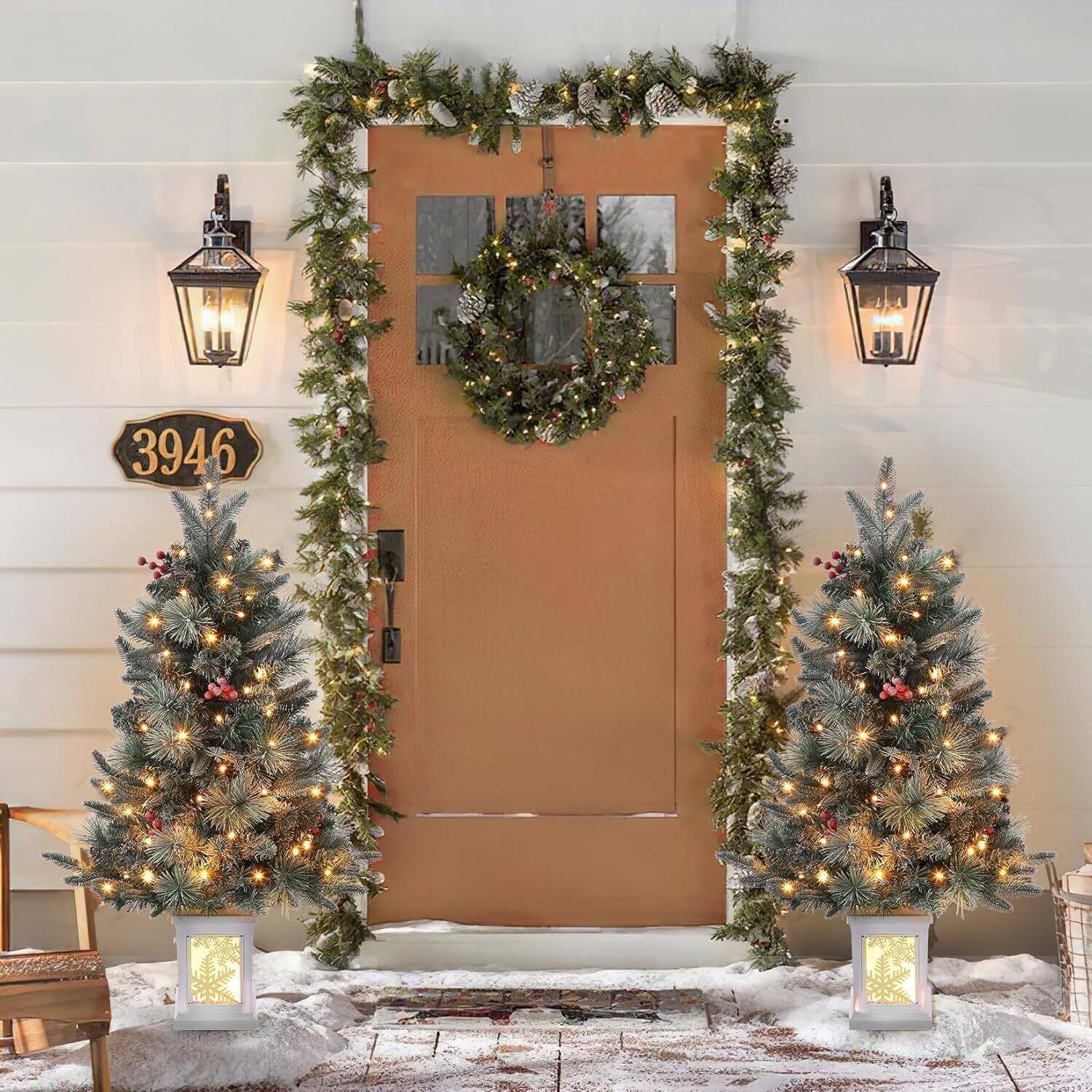 Front. Acekool - Clearance! 2 PCS 3FT Pre-Lit Desktop Christmas Trees, Snow Flocked, Snowflake Light Box Base, Small Holiday Decor - Green.