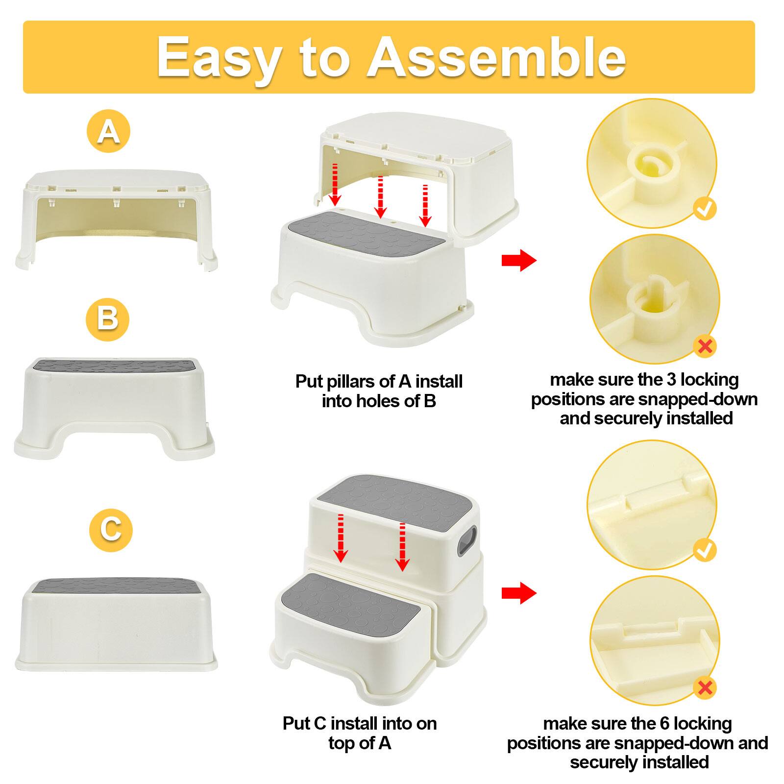 Easy to Assemble

A x Put pillars of A install into holes of B make sure the 3 locking positions are snapped-down and securely installed

C x Put C install into on top of A make sure the 6 locking positions are snapped-down and securely installed