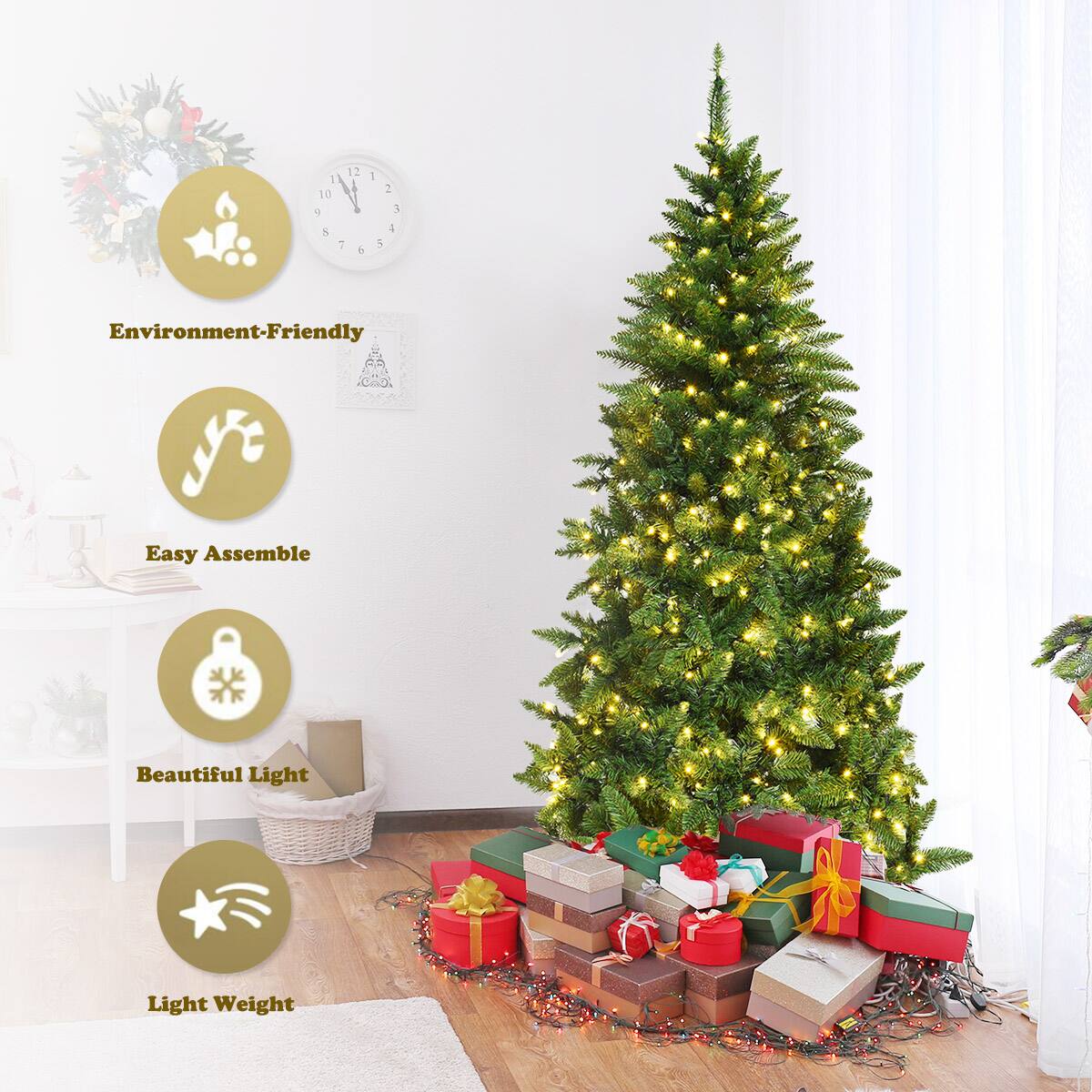 The text on the image can be grouped and corrected as follows:

1. Environment-Friendly
2. Easy Assembly
3. Beautiful Light
4. Light Weight

These four attributes describe the Christmas tree in the image, which is a small, green tree with presents underneath it.