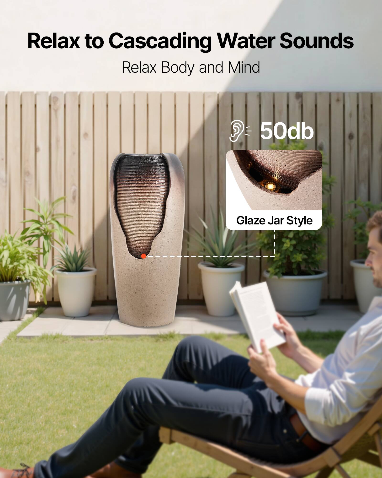 Relax to Cascading Water Sounds  
Relax Body and Mind  

50db  

Glaze Jar Style