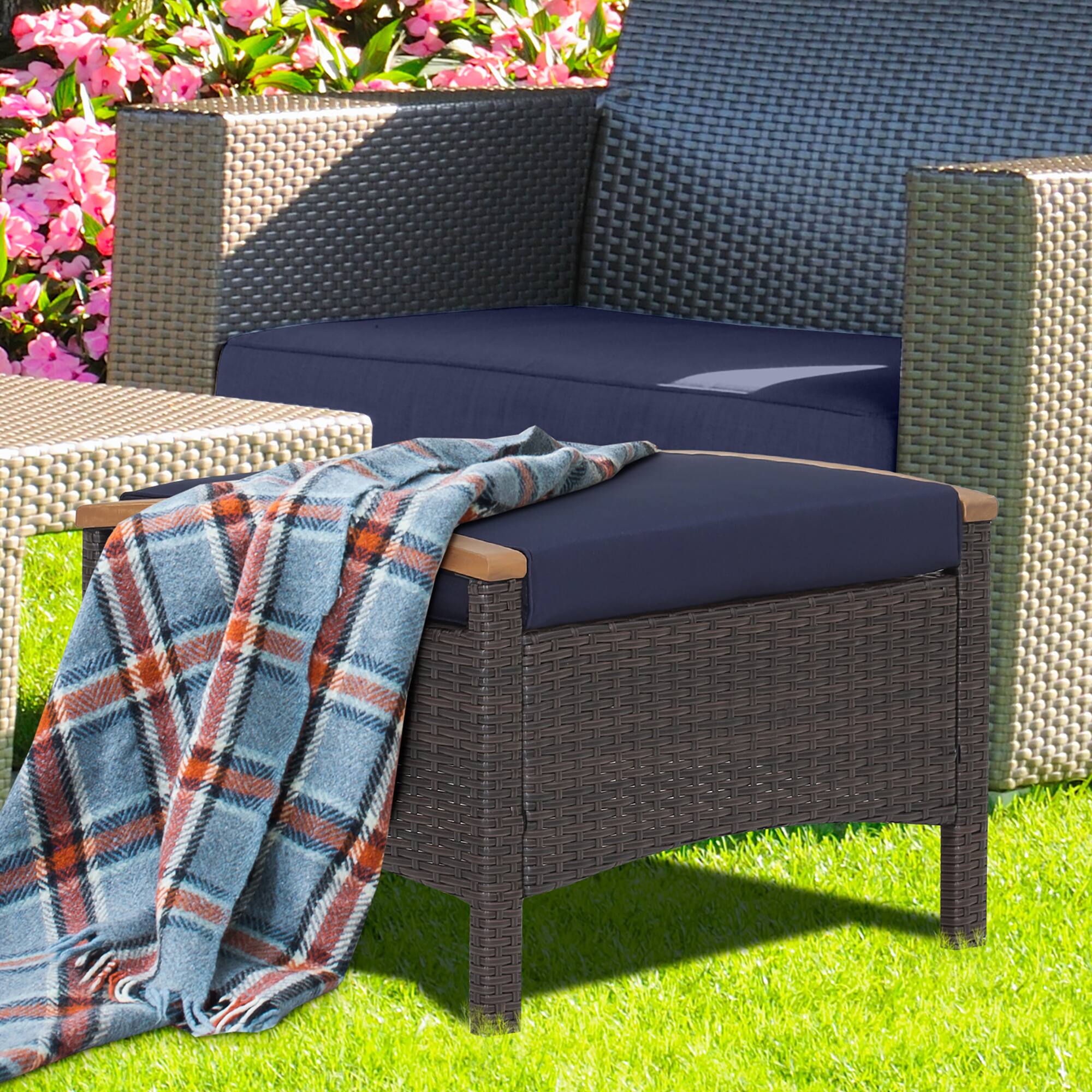Alt View 2. Gymax - Gymax 2PCS Patio Ottomans Wooden Handles Rattan Knitting Foot Pedal Navy - Navy.