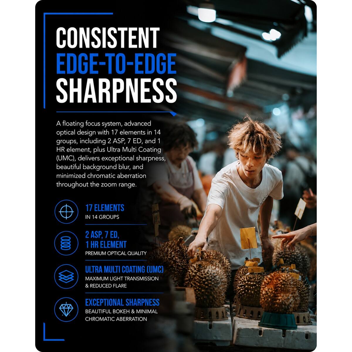 CONSISTENT EDGE-TO-EDGE SHARPNESS

A floating focus system, advanced optical design with 17 elements in 14 groups, including 2 ASP, 7 ED, and 1 HR element, plus Ultra Multi Coating (UMC), delivers exceptional sharpness, beautiful background blur, and minimized chromatic aberration throughout the zoom range.

17 ELEMENTS IN 14 GROUPS

2 ASP, 7 ED, 1 HR ELEMENT PREMIUM OPTICAL QUALITY

ULTRA MULTI COATING (UMC) MAXIMUM LIGHT TRANSMISSION & REDUCED FLARE

EXCEPTIONAL SHARPNESS BEAUTIFUL BOKEH & MINIMAL CHROMATIC ABERRATION