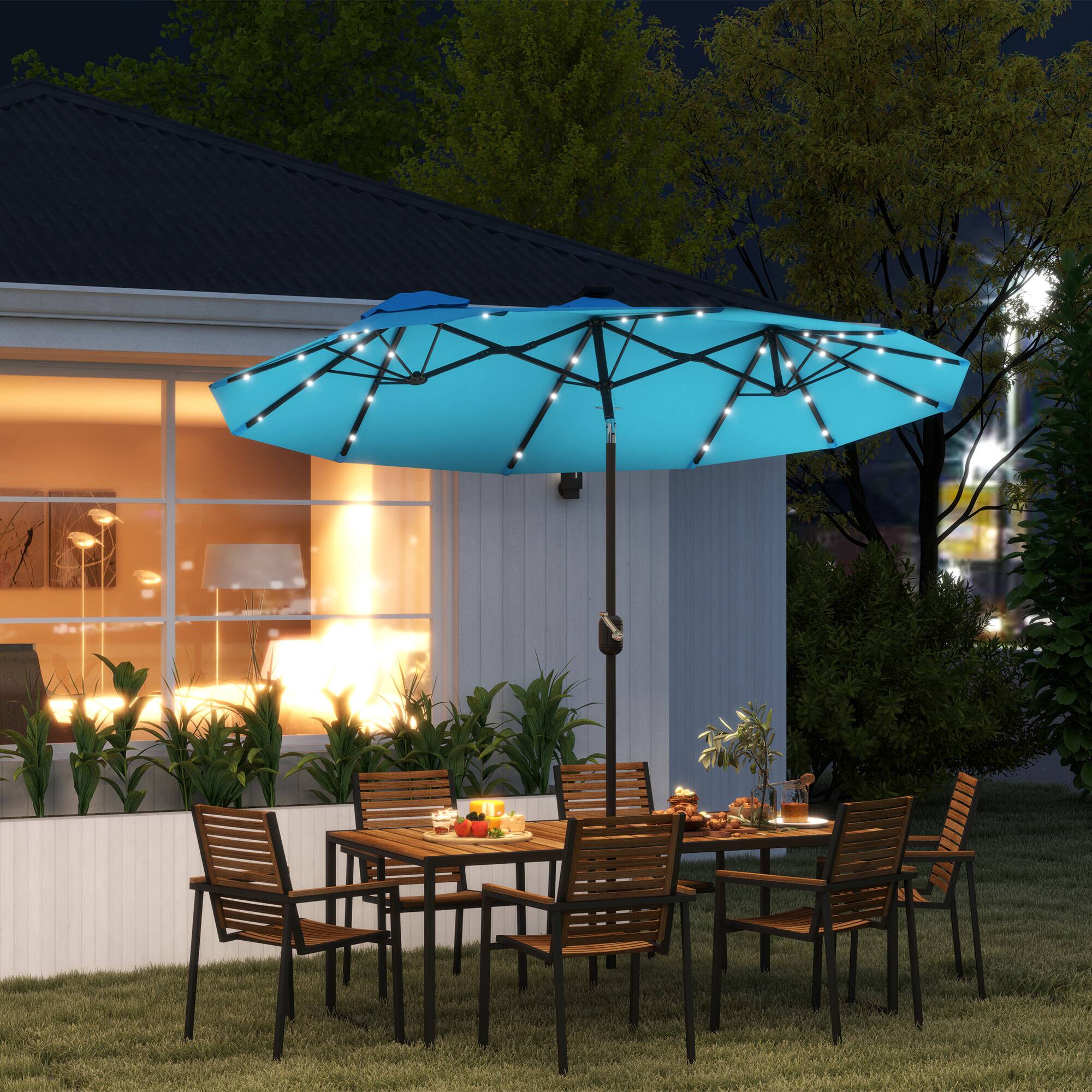 Angle. Outsunny - Double Sided Patio Umbrella, 9.7' Large Outdoor Market Umbrella with LED Solar Light, Tilt and Crank, 3 Air Vents - Light Blue.