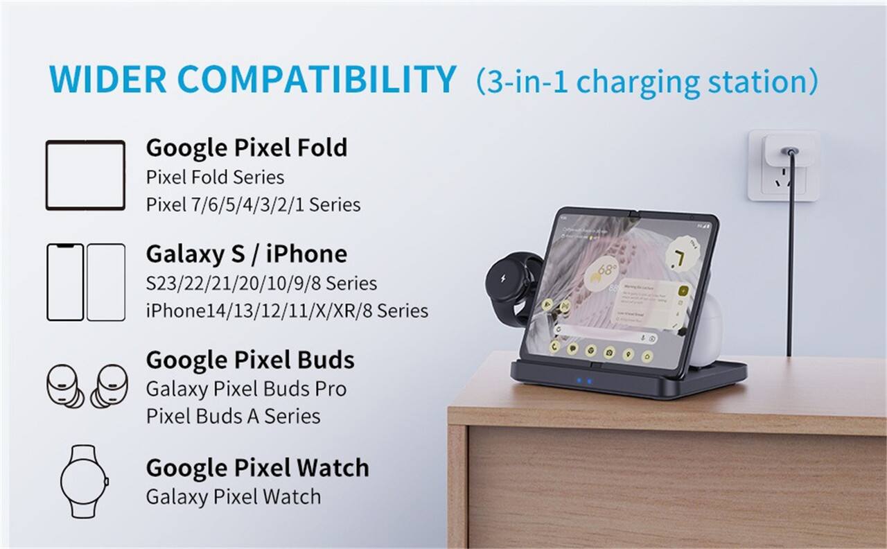 WIDER COMPATIBILITY (3-in-1 charging station)

Google Pixel Fold
- Pixel Fold Series
- Pixel 7/6/5/4/3/2/1 Series

Galaxy S / iPhone
- S23/22/21/20/10/9/8 Series
- iPhone 14/13/12/11/X/XR/8 Series

Google Pixel Buds
- Galaxy Pixel Buds Pro
- Pixel Buds A Series

Google Pixel Watch
- Galaxy Pixel Watch